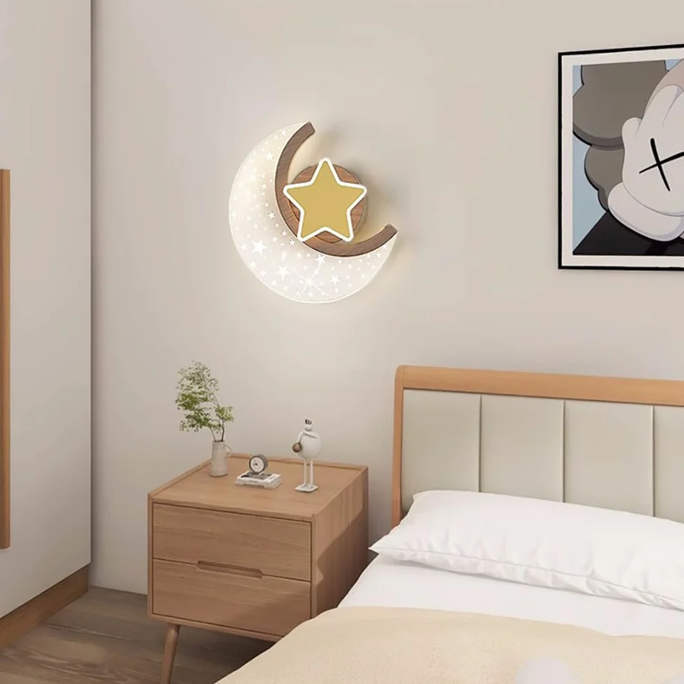 Applique LED Lune Bois 12W Lampe Murale Enfants Etoiles et Lune 3 Couleurs Température Chambre à coucher