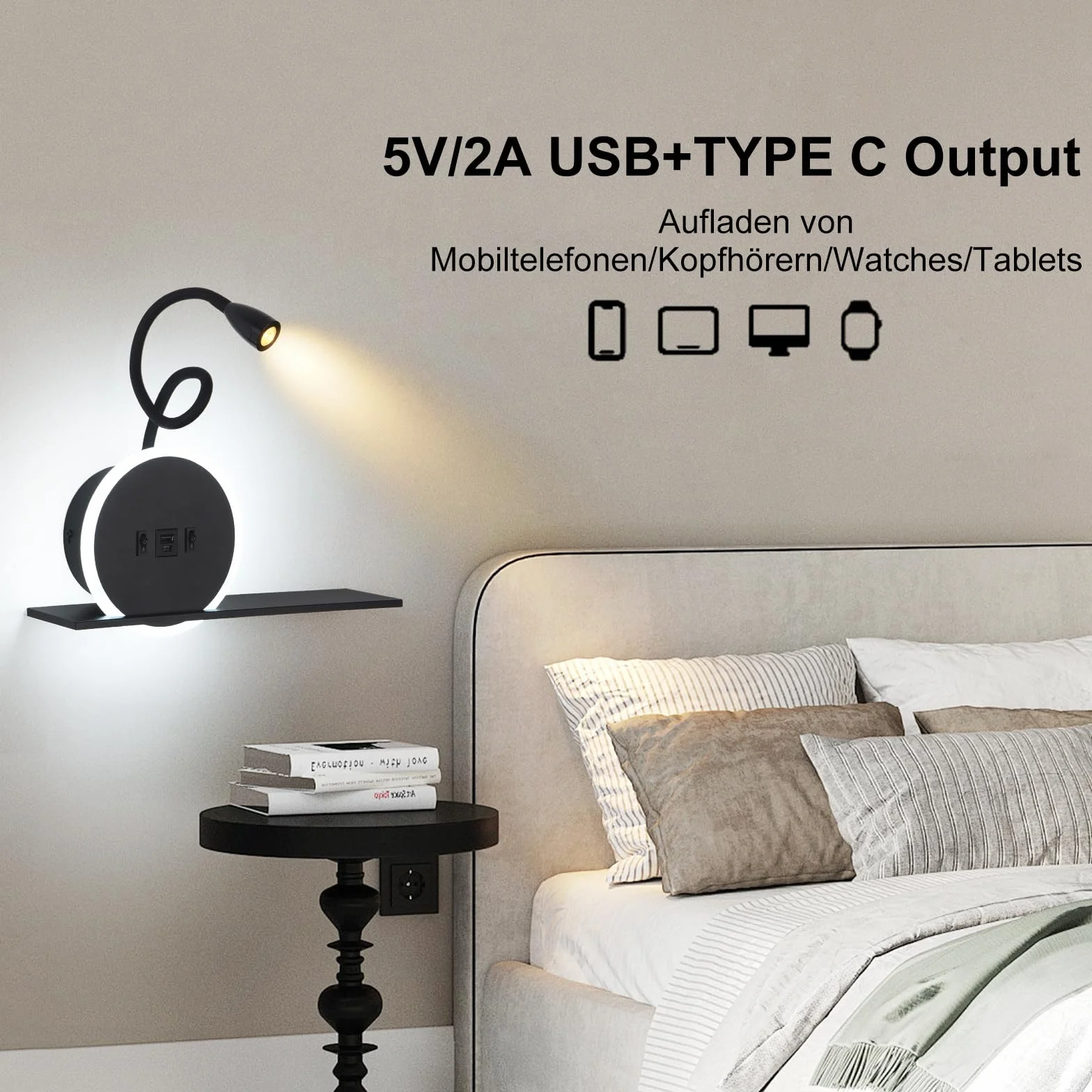 Lampe de chevet LED 2 pièces avec interrupteur, port USB-C, 3W 3000K + 9W 6000K, applique tête de lit noir