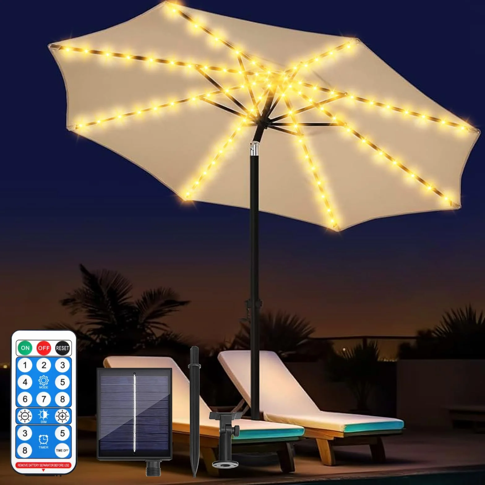 Lumières solaires pour parasol 104 LED 8 modes avec télécommande extérieur intérieur