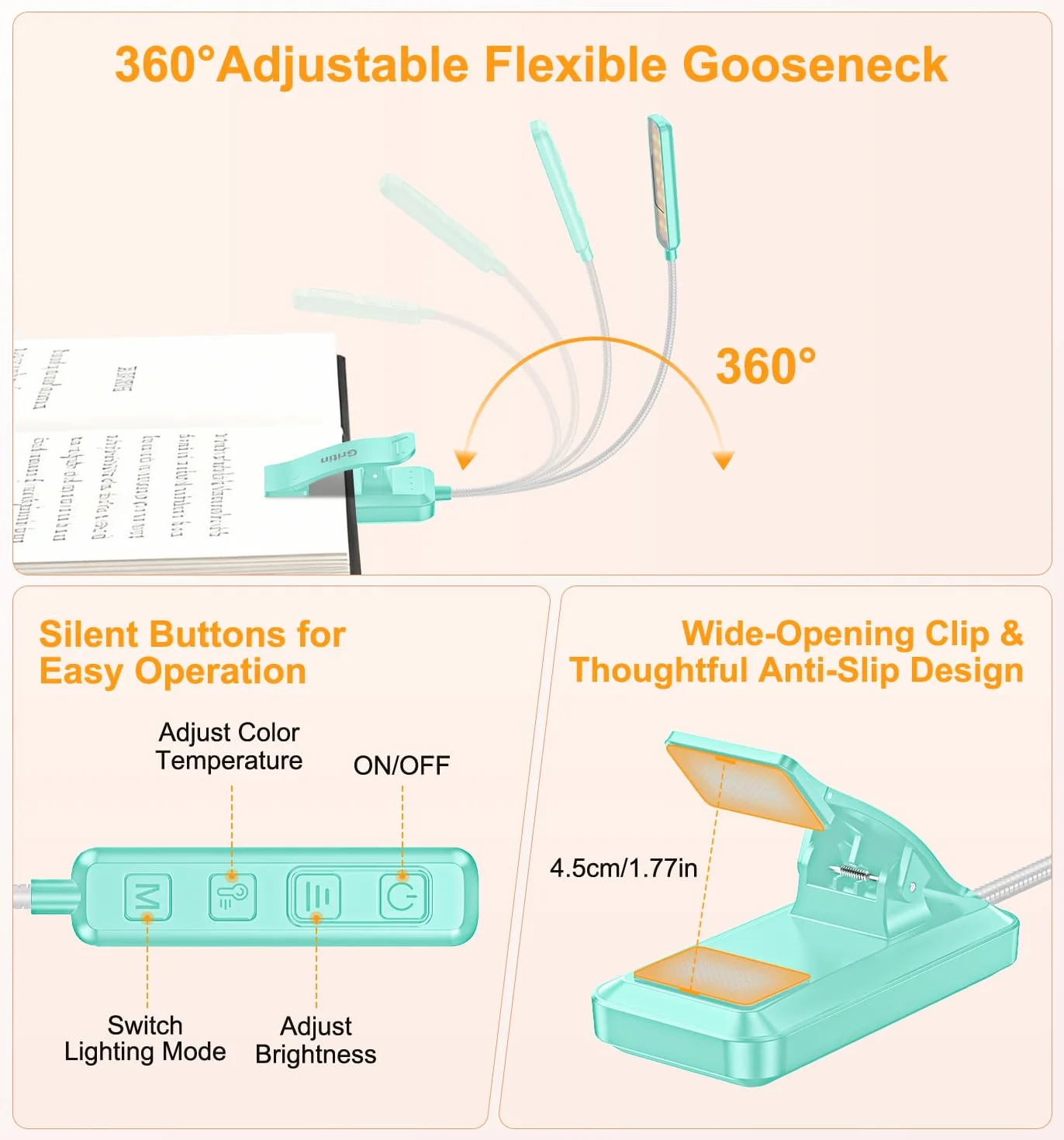 Gritin Gén.2 Lampe de Lecture 30 LED Spectre Complet Liseuse Clip 1500mAh Rechargeable