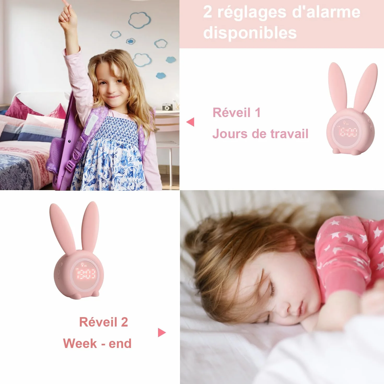 YONGYAO Réveil pour Enfants Lapin Lumineux avec Fonction Snooze, Installation Aimantée, Rose