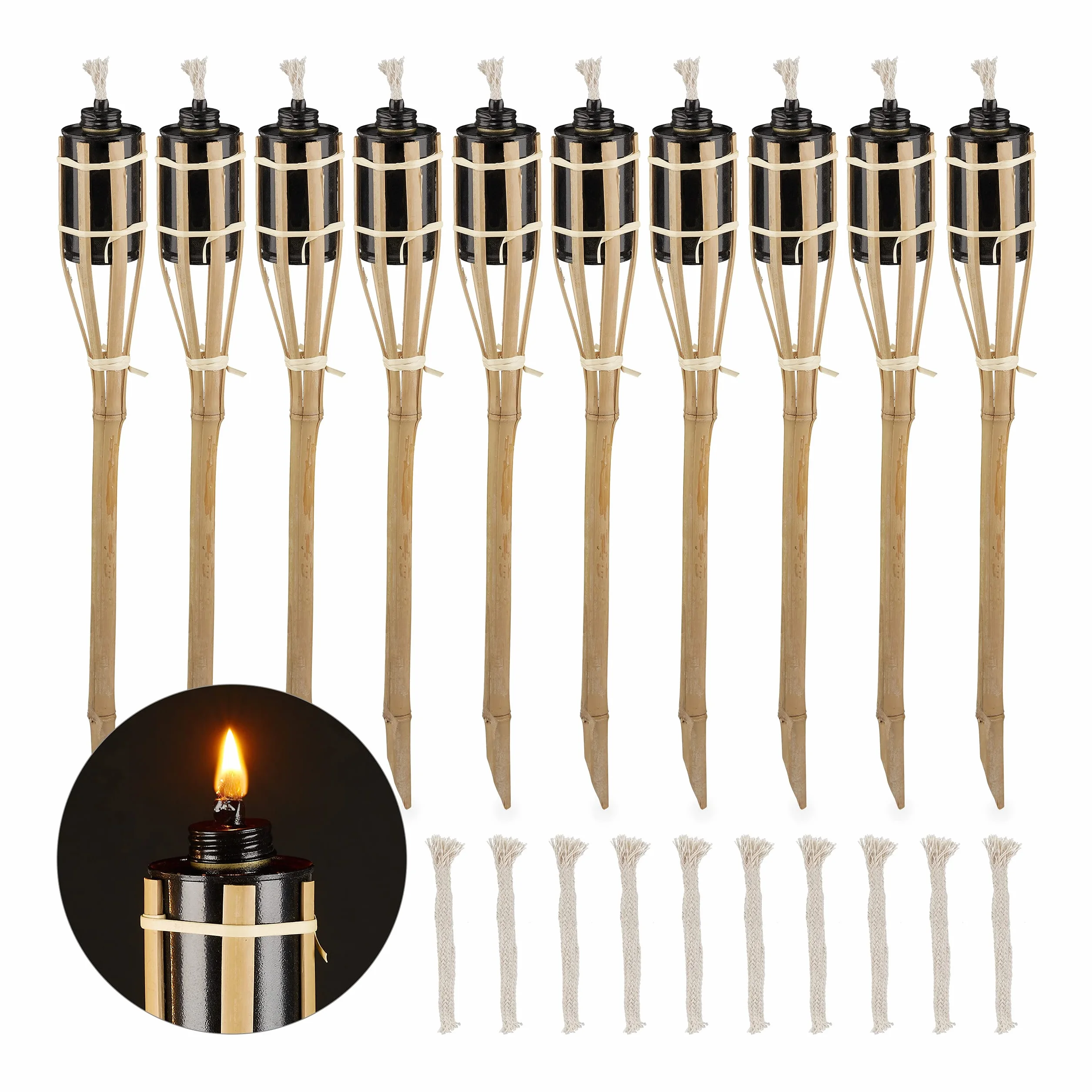 Relaxdays Torche Jardin Bambou Lot de 10 Lampe Huile Extérieur 50 cm