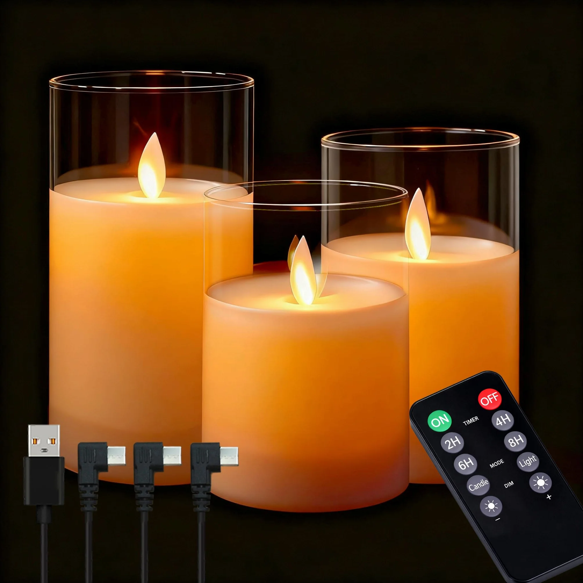 Bougies LED Rechargeables Flamme Vacillante Sans Fil, Télécommande Minuterie 2/4/6/8h, Lot de 3 Verre Transparent Blanc