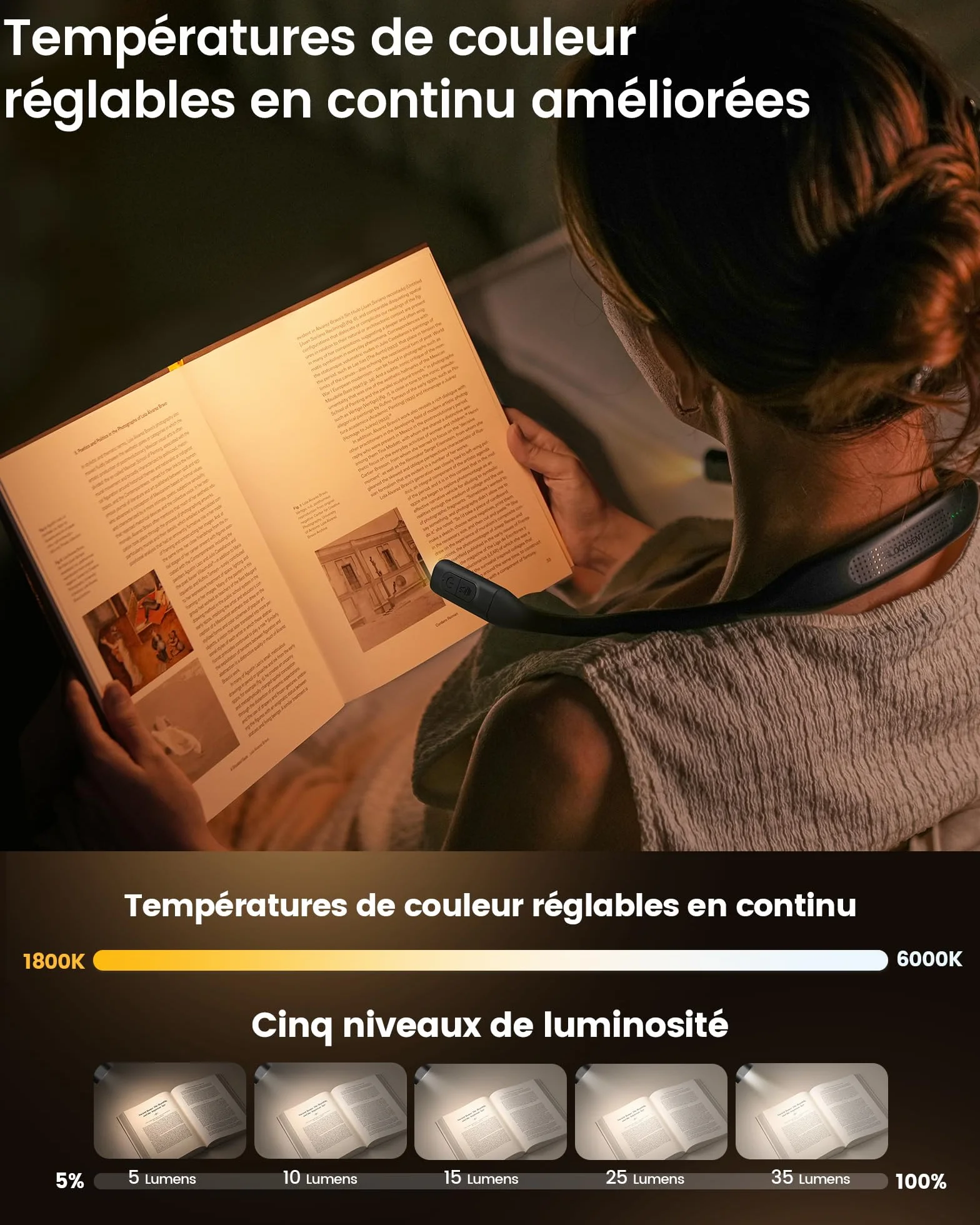 Glocusent Lampe de Lecture Rechargeable 100h Lumière Réglable 5 Niveaux Couleurs Noir