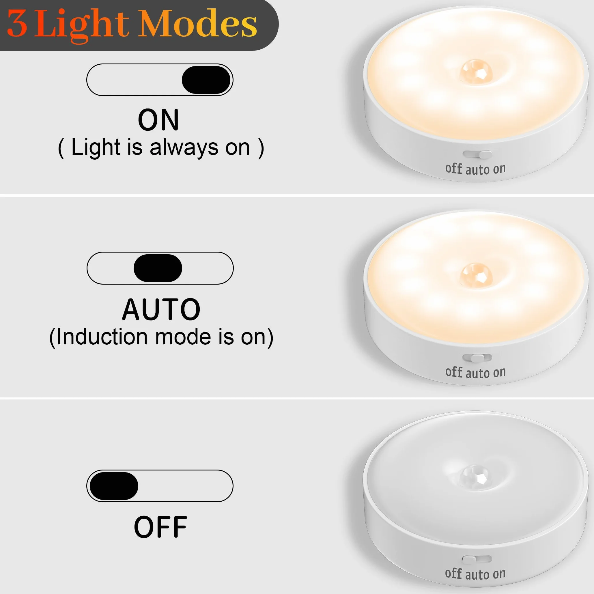 Lot de 6 veilleuses LED rechargeables USB avec détecteur de mouvement, 3 modes, lumière chaude