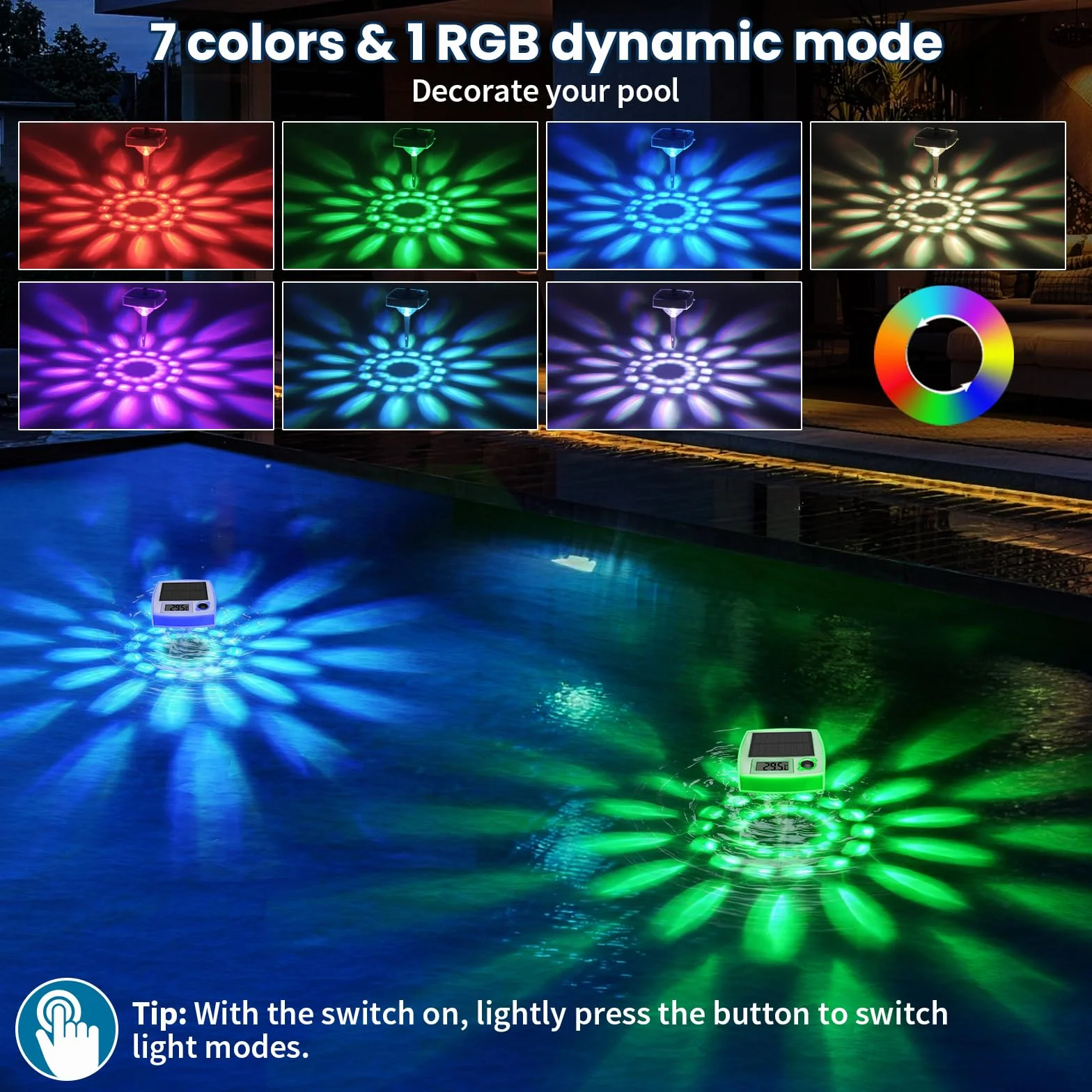 Thermomètre Piscine Flottant Solaire IP68 avec 8 Effets Lumineux