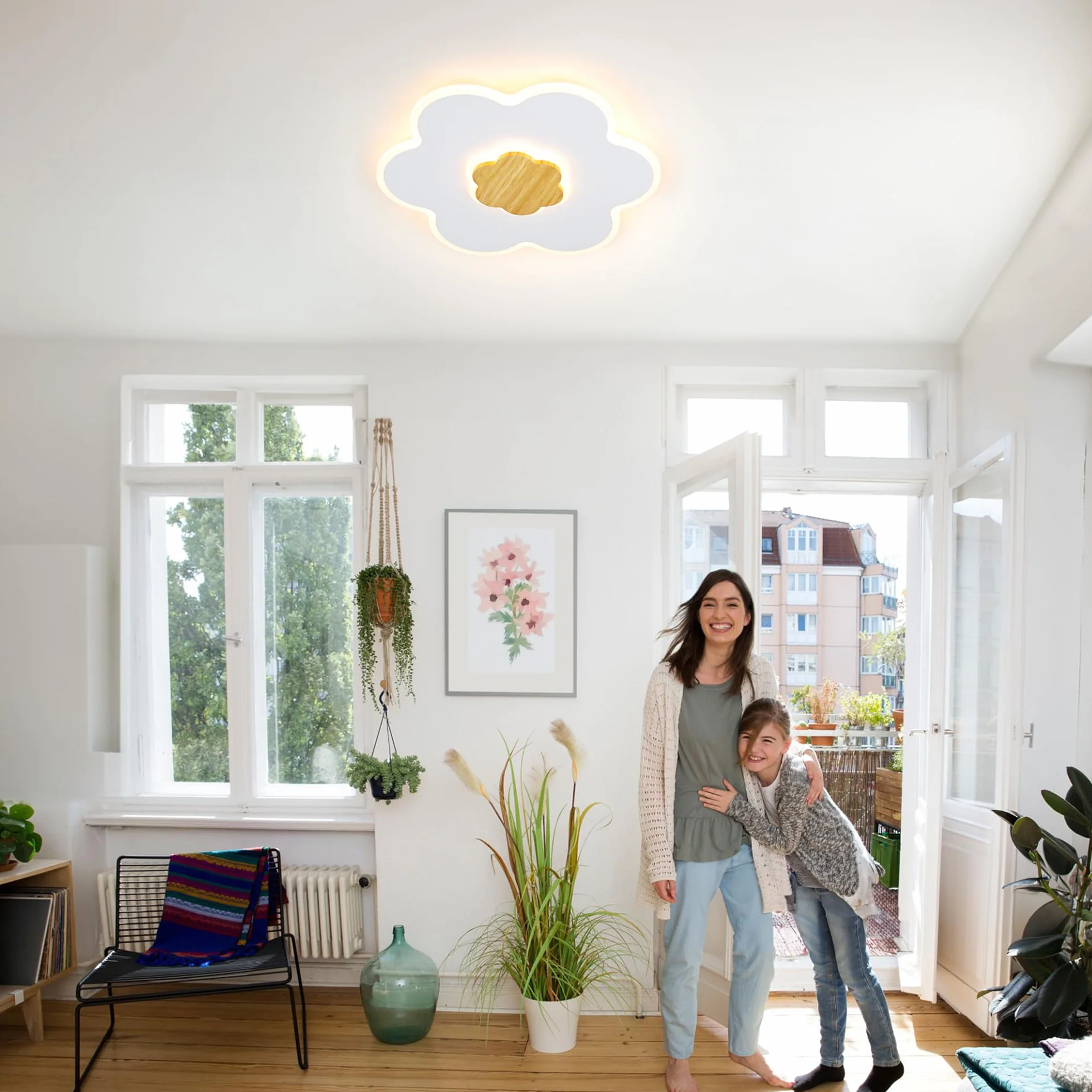 Plafonnier LED Enfant Fleur Bois Dimmable 3000K-6000K 28W 40cm Veilleuse