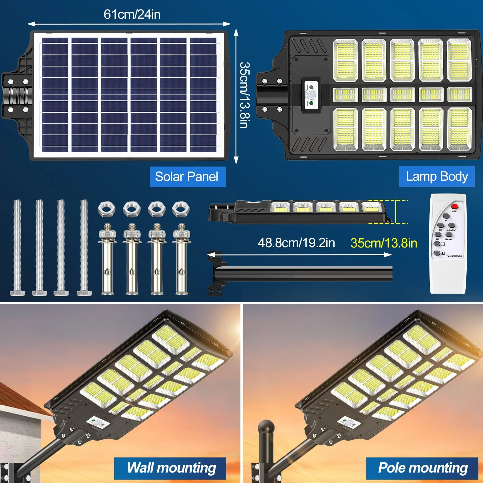 LED Réverbères Solaire Exterieur 1200W 6500K IP67 avec Télécommande Détecteur de Mouvement Étanche