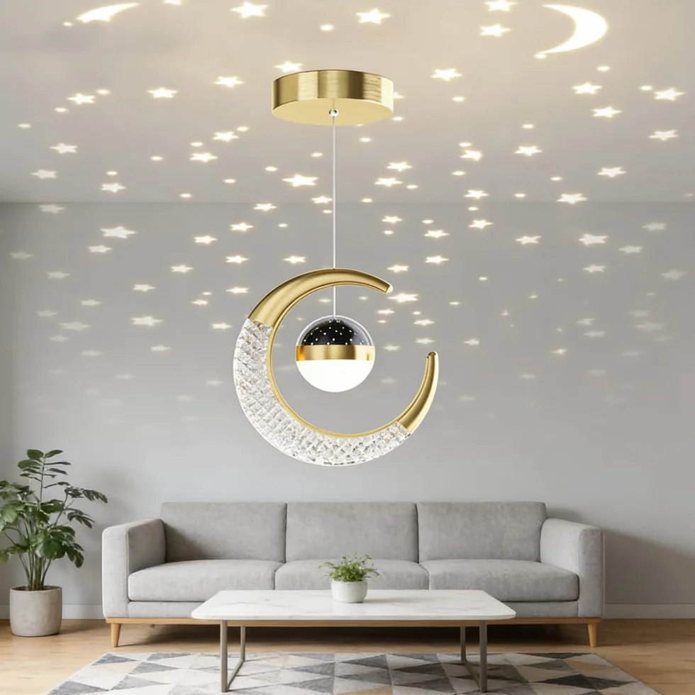 Suspension Luminaire Lune LED 10W Lustre Plafonnier Projection Étoiles Chambre Enfant Café Bar Restaurant Lumière Chaude Dorée