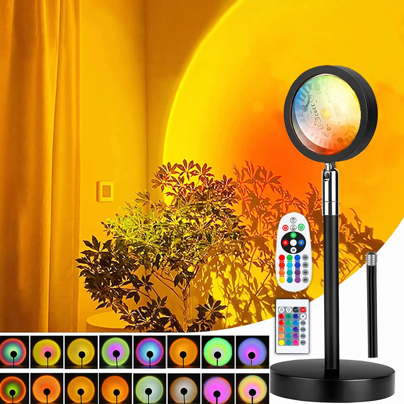 Lampe Coucher de Soleil Sunset Lamp USB, Lumière Arc-en-Ciel LED Réglable 24 Couleurs 4 Modes, Rotation 180°