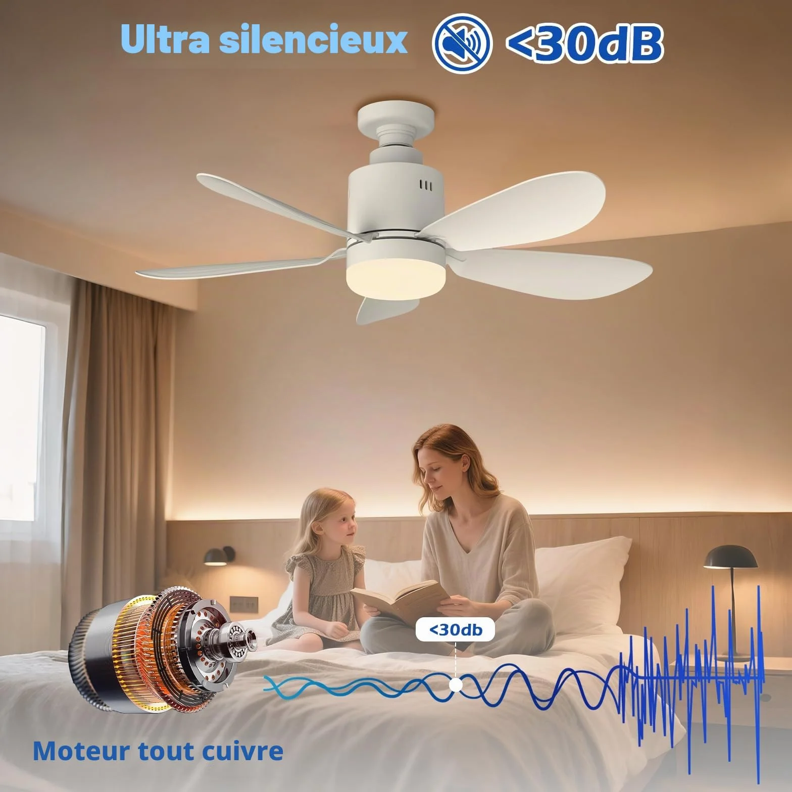Ventilateur de Plafond LED 53 cm avec Télécommande, 24 W, 4 Vitesses, E27