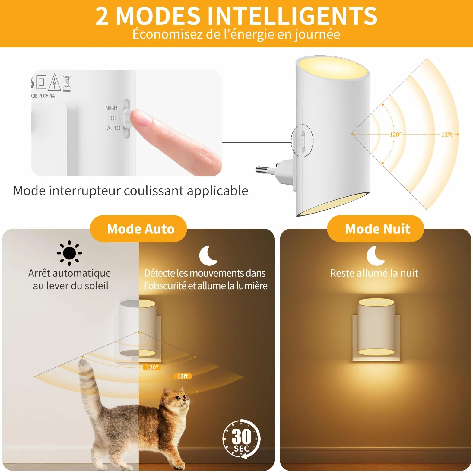 Veilleuse Enfant 2 Pcs Prise Electrique Détecteur Mouvement Capteur Lumière Blanche Chaude Intensité Variable 1-100 lm