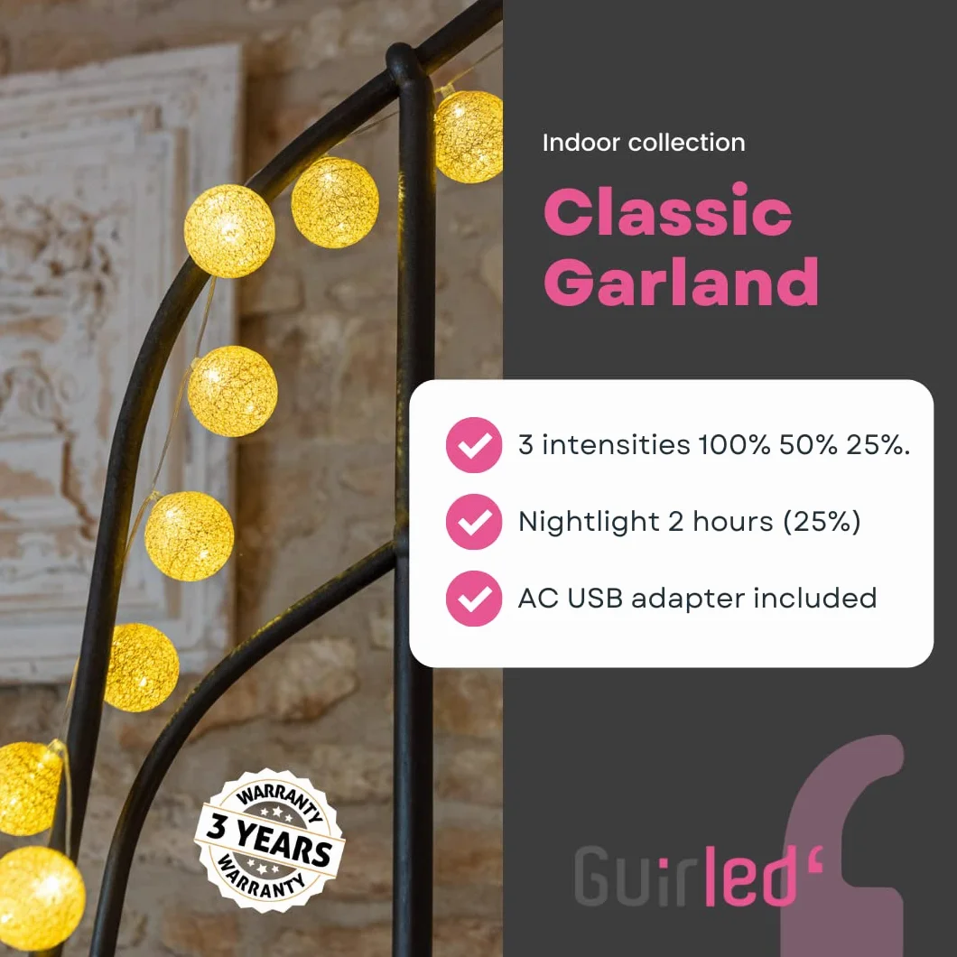 GuirLED Guirlande lumineuse boules coton LED USB Veilleuse bébé 2h Adaptateur double USB 2A 3 intensités 16 boules 1.6m Princesse