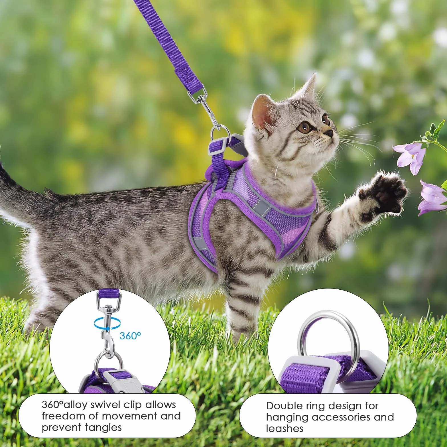 Brifit Harnais pour Chat Anti-Fugue Réglable avec Bande Réfléchissante & Maille Respirante, Pourpre, XXS
