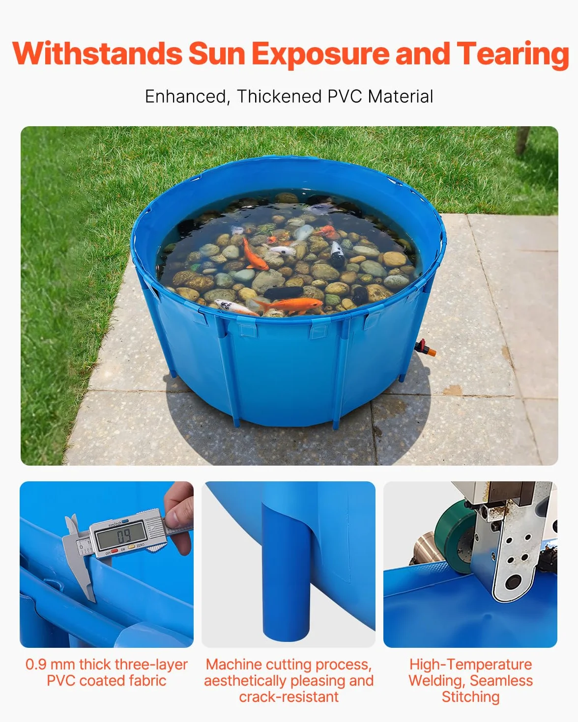 VEVOR Bassin à Poissons Hors Sol 3100 L, Étang en Toile PVC avec Cadre Plastique et Vanne de Vidange, Bleu