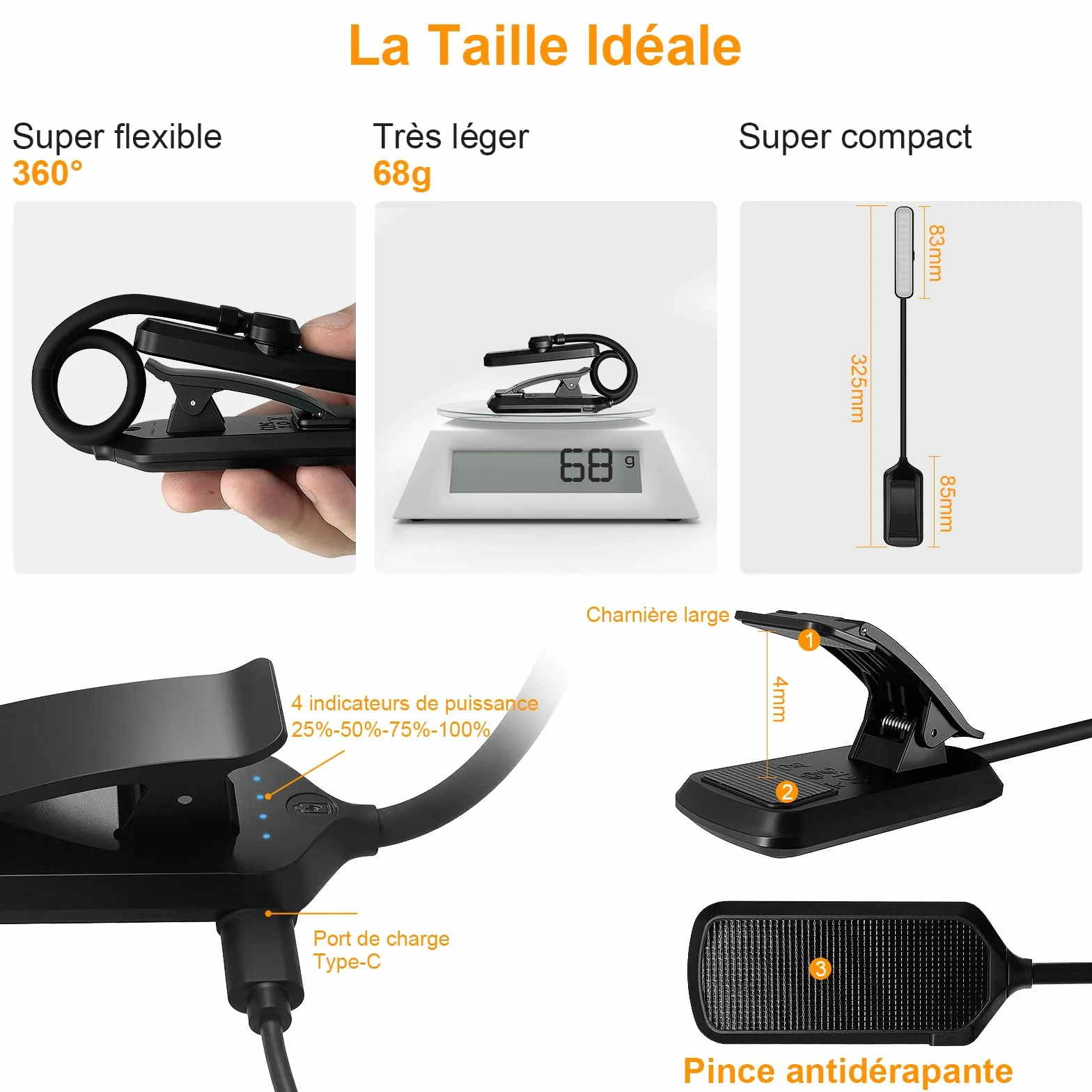 Karidi Lampe de Lecture 24 LED Rechargeable, Liseuse Clip Rotative 315°, 5 Luminosités 3 Couleurs, 360° Cou Flexible Noir