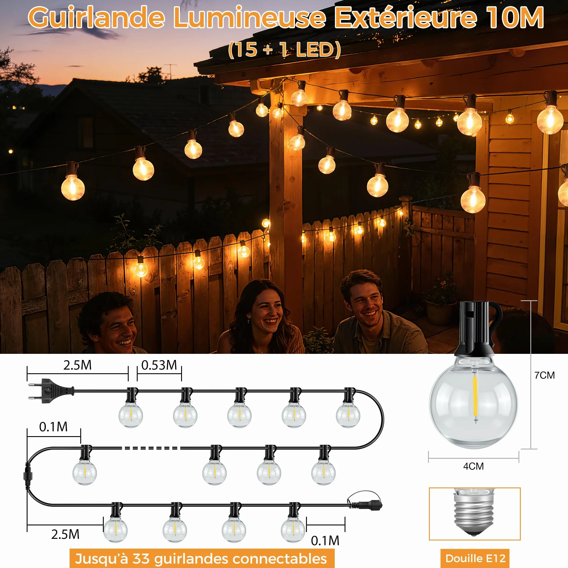 Guirlande Lumineuse Exterieure 10M IP45 Imperméable Connectable LED G40 Ampoules Plug&Play