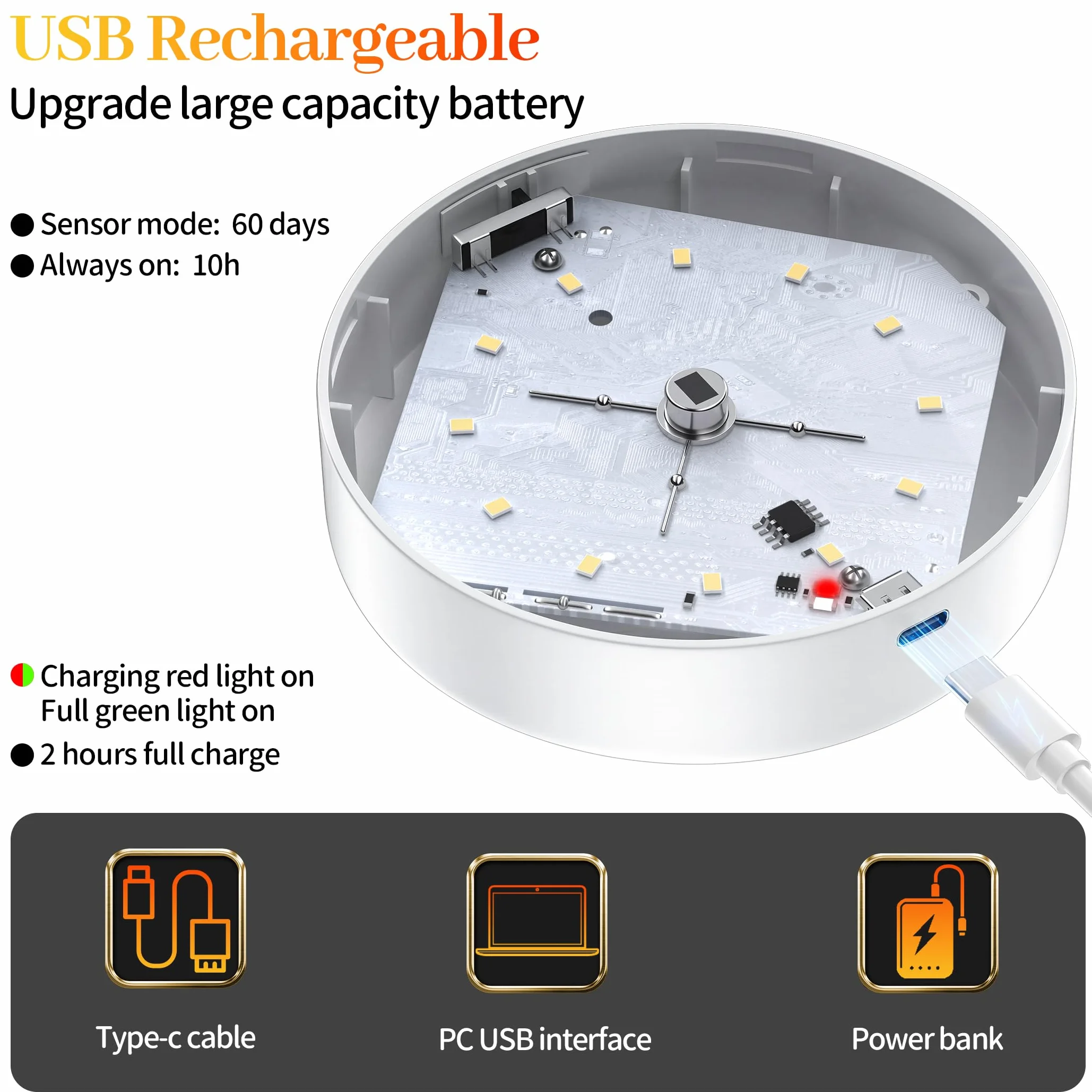Lot de 6 veilleuses LED rechargeables USB avec détecteur de mouvement, 3 modes, lumière chaude