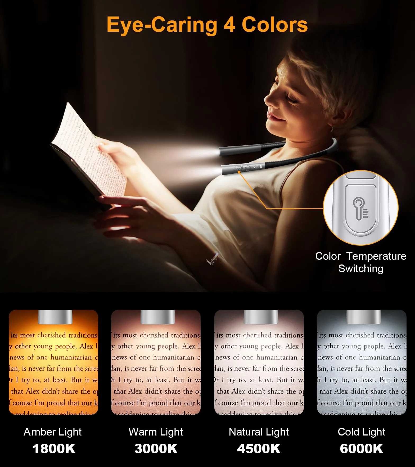 Gritin Lampe de Lecture de Cou Rechargeable, 4 Couleurs Protection des Yeux, 5 Luminosité, Gradation en Continu, Minuterie 30-min, 80H Autonomie