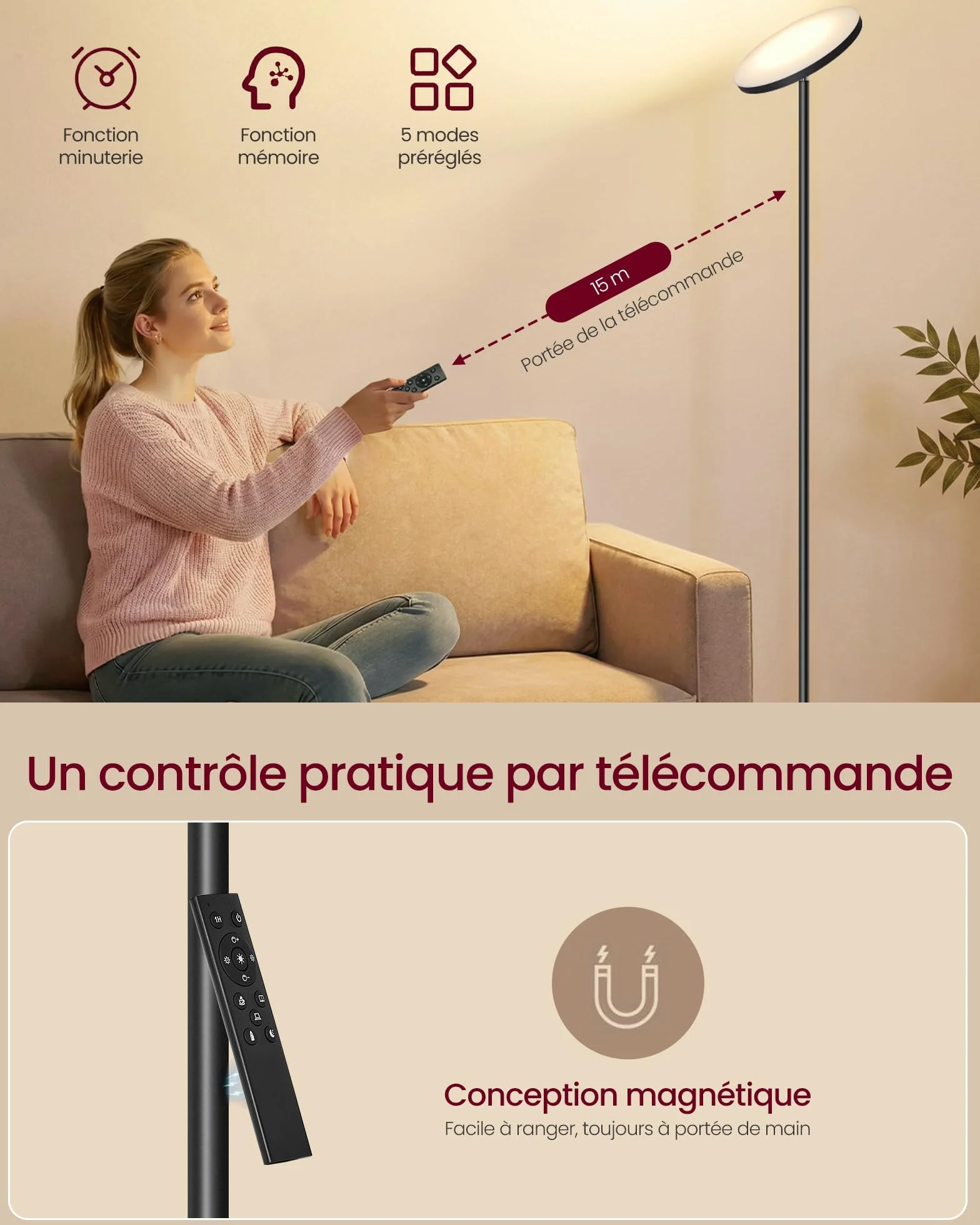 VASAGLE Lampadaire LED 30 W Tête Orientable Noir Mat avec Télécommande