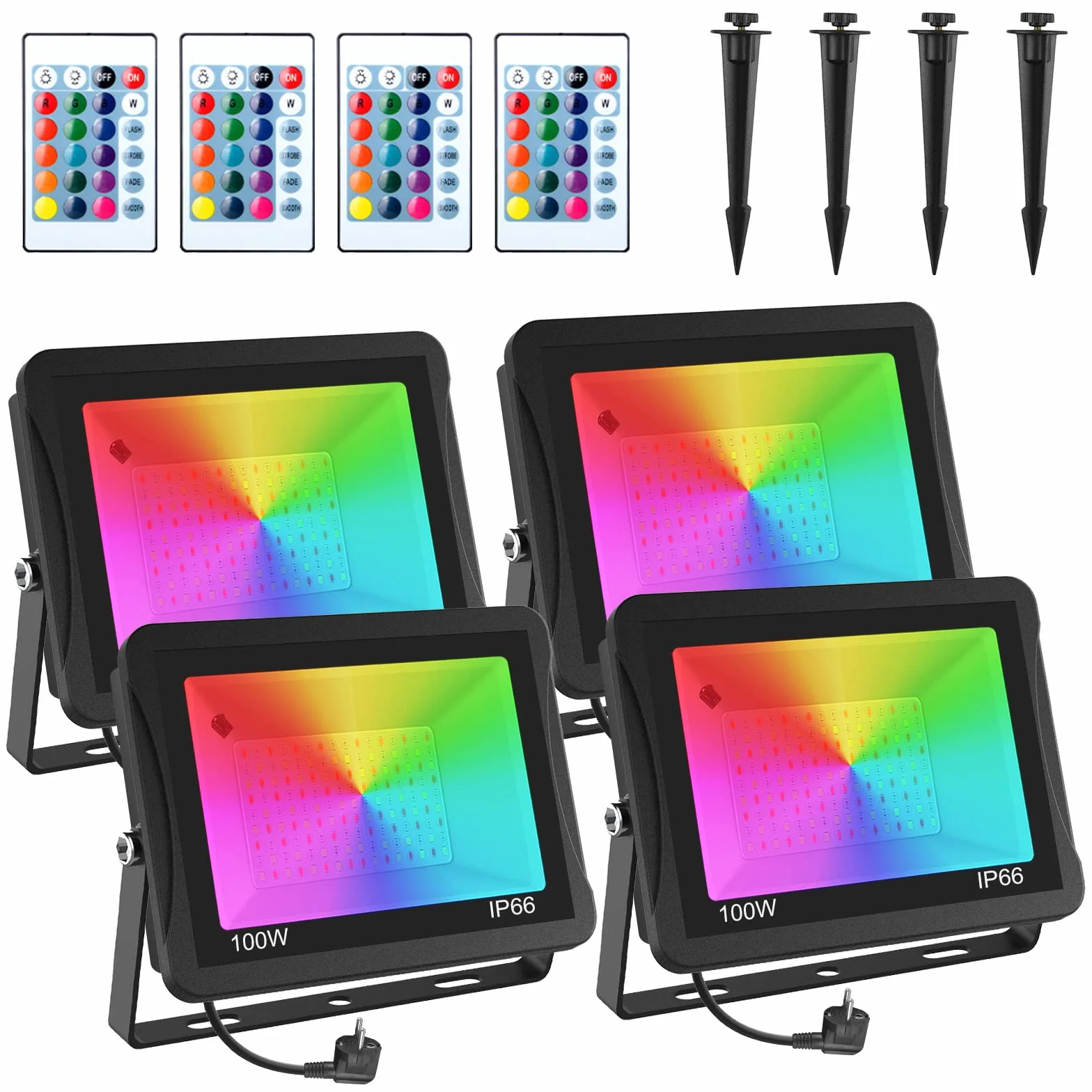 T-SUNUS Projecteur LED RGB Exterieur 100W IP66 avec Télécommande 16 Couleurs 4 Modes