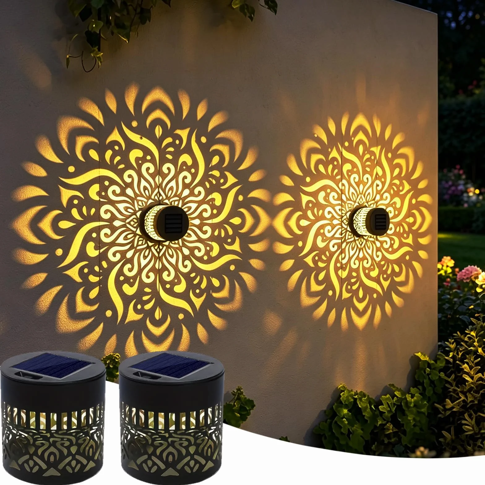 Lanterne Solaire Mandala Métal LED Nomade Etanche Exterieur Suspendre Lampe Solaire Exterieur Poser 2 Pièces