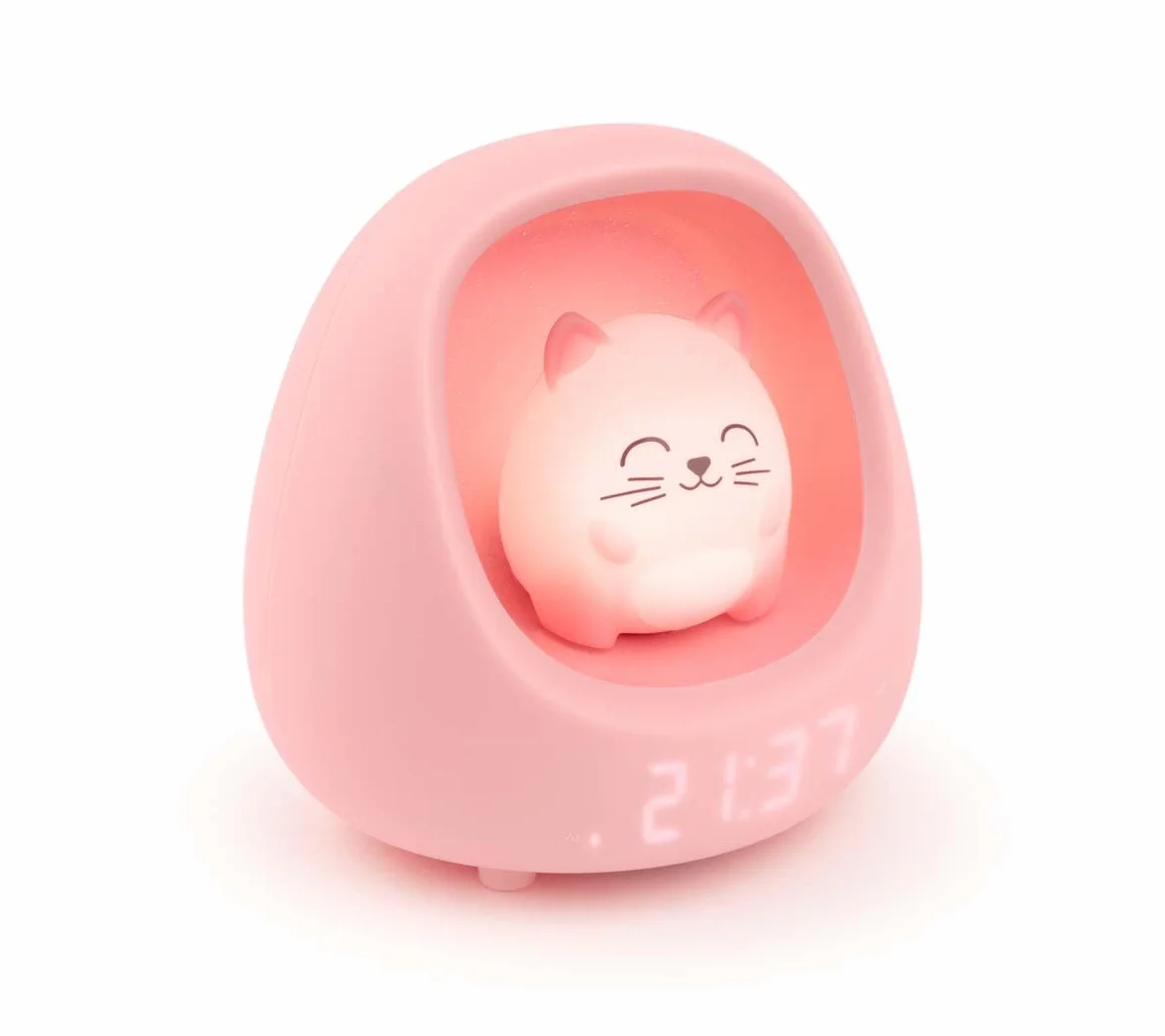 Nestkidscat Bigben Veilleuse Réveil Enfant Chat Lumineux Musical Sons Apaisants Bruits Blancs Lumière Réglable Toucher Minuterie Batterie Rechargeable USB-C
