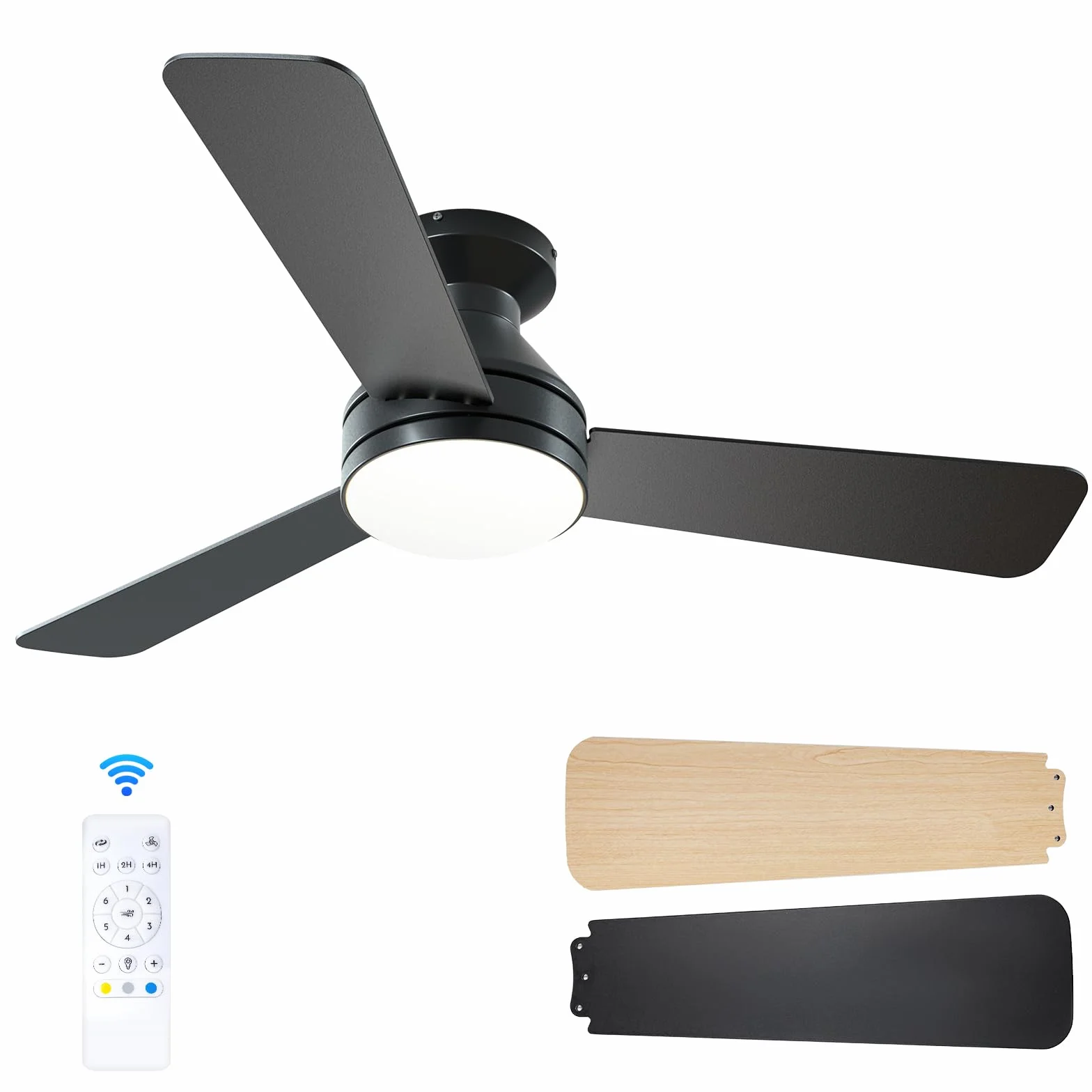 Passky Ventilateur de plafond silencieux 107cm avec lumière, télécommande, moteur CC réversible, 6 vitesses, minuterie
