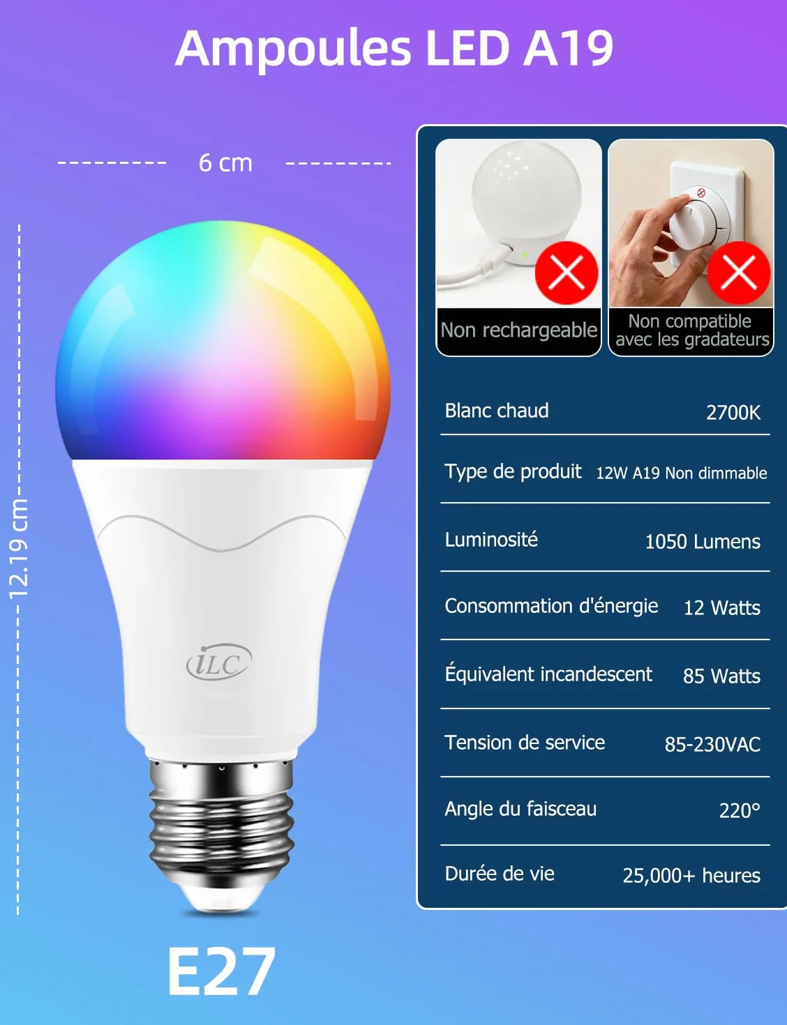Ampoule LED E27 RGBW Dimmable 85W Équivalent Edison avec Télécommande
