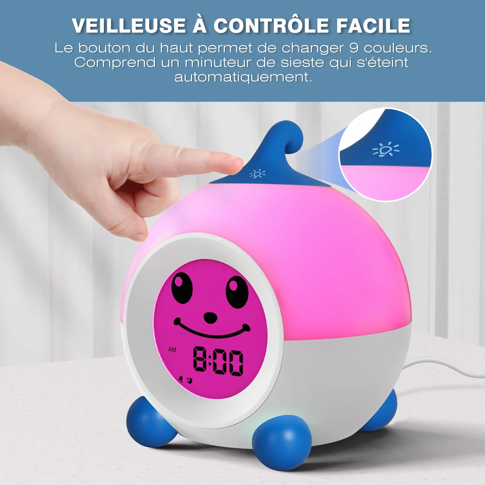 Réveil Enfant I·CODE Jour/Nuit avec Veilleuse et Minuterie d'Arrêt Automatique Bleu