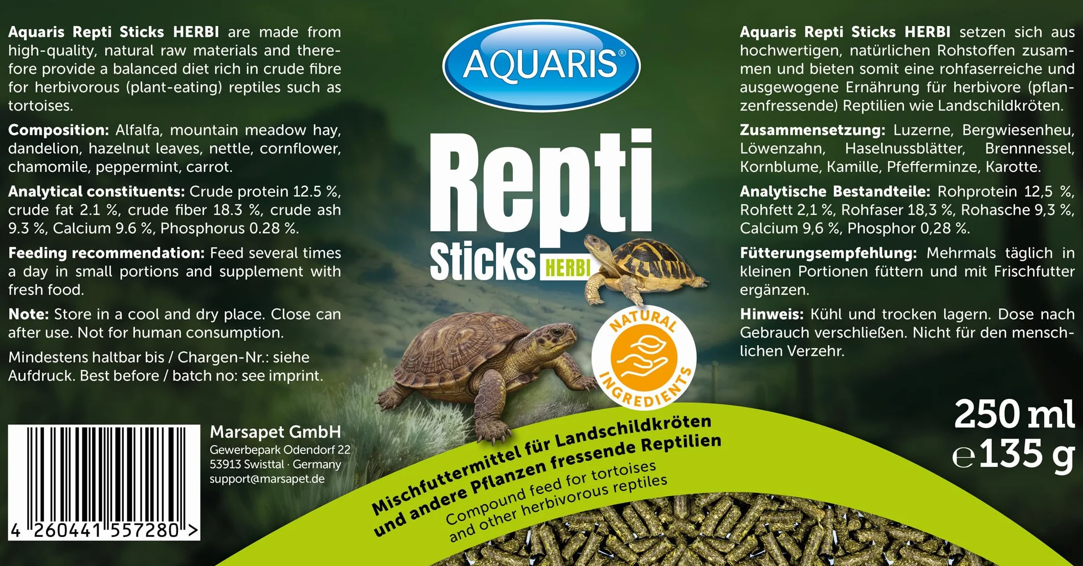 AQUARIS Repti Sticks Herbi Nourriture pour Tortues terrestres Reptiles herbivores 100% végétale Riche en Fibres 250 ML