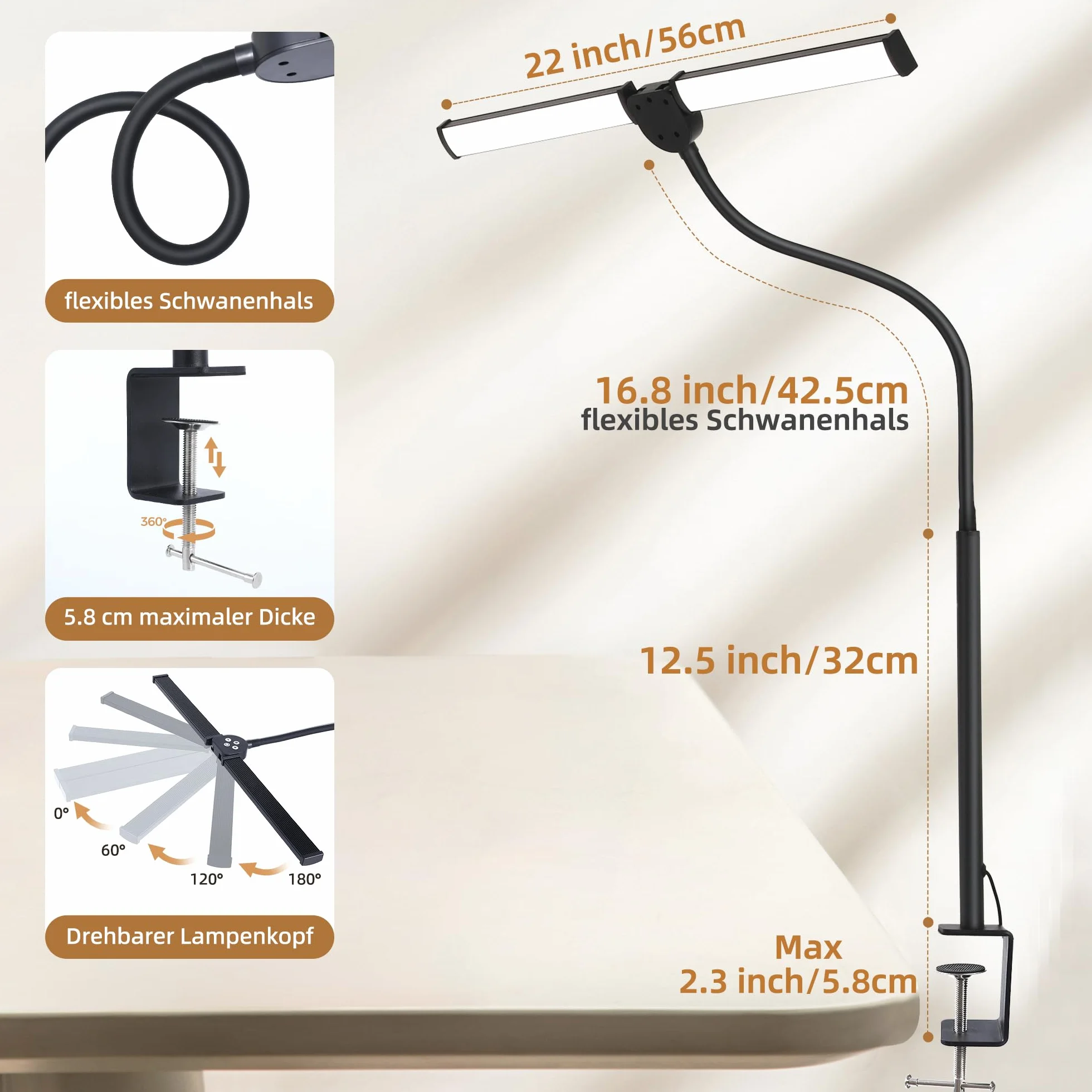 Lampe de Bureau LED, Double Tête, 5 Modes Couleur 5 Niveaux Luminosité, Col de Cygne Flexible