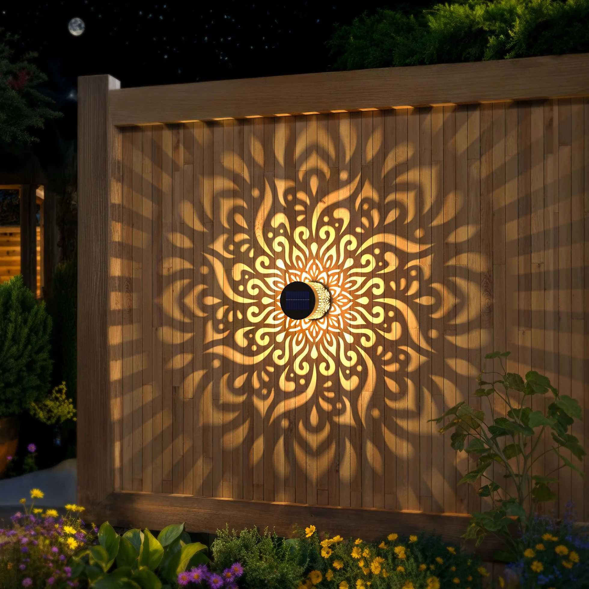 Lampes Solaires de Clôture en Métal Lot de 2, Éclairage Extérieur Mur Terrasse Mandala, Lampe de Poteau Jardin Étanche