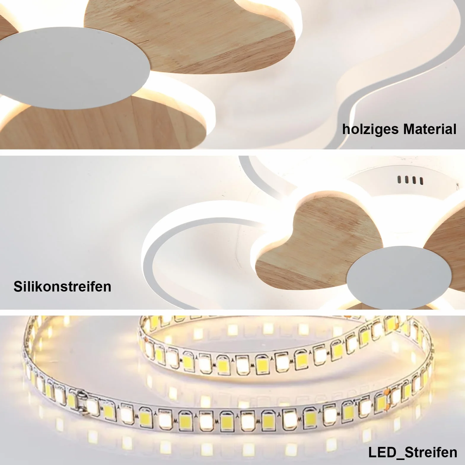 Plafonnier LED 48W 50cm Forme Fleur Bois Dimmable avec Télécommande 3000K-6000K