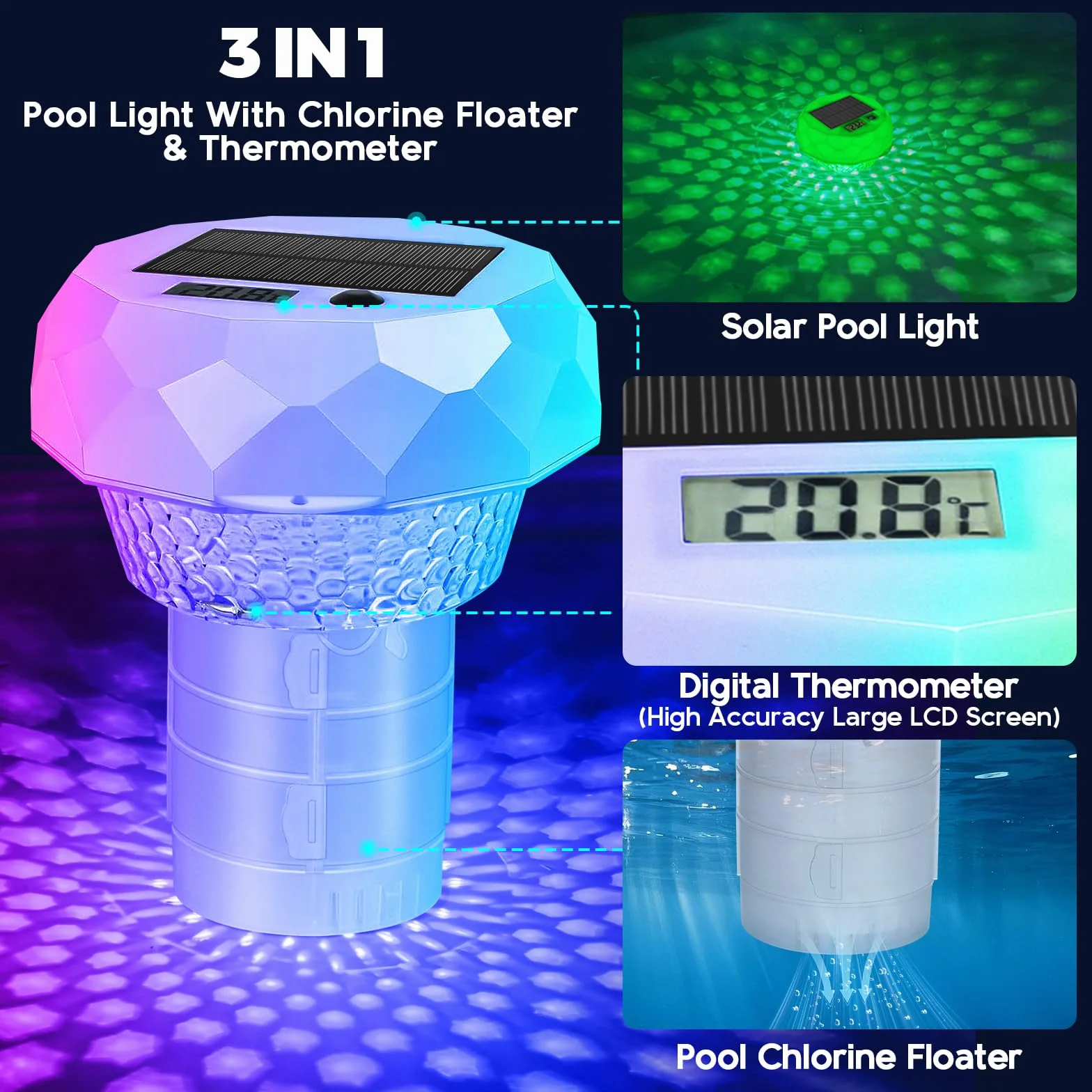 Lumière Piscine Solaire IP68 avec Diffuseur Chlore, Télécommande, 8 Couleurs, Minuterie