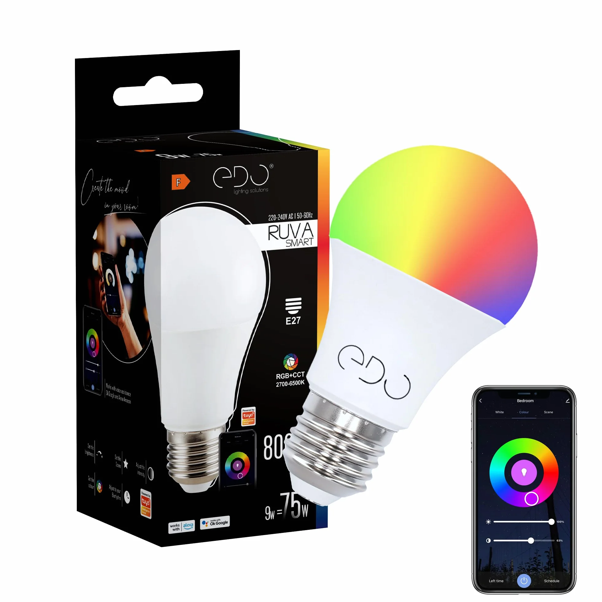 EDO RUVA Ampoule Connectée WiFi E27 9W Dimmable LED Intelligente RGB CCT TUYA Compatible Alexa Google Assistant 2700-6500K 806 Lumen 1 pièce