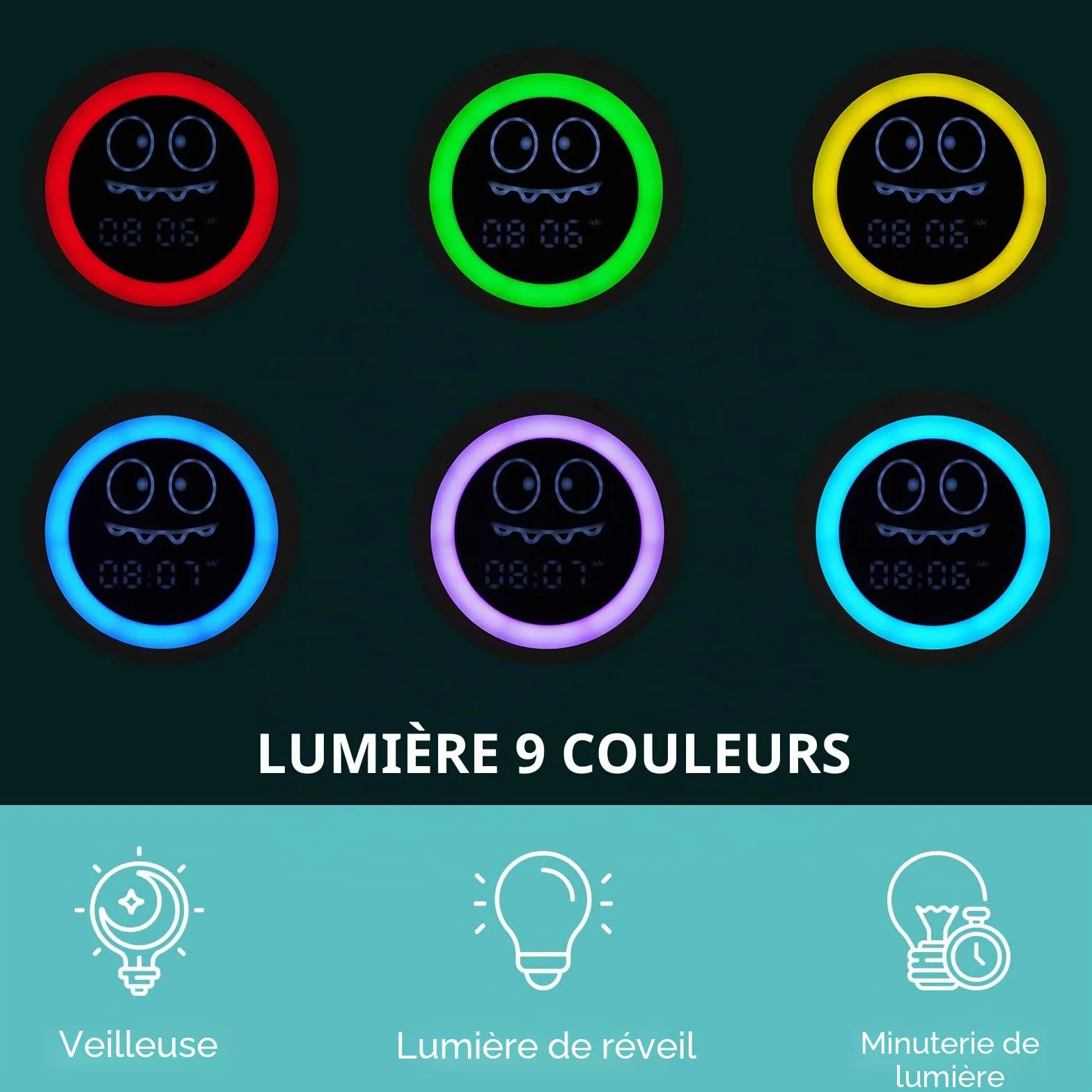 Réveil pour Enfants avec Veilleuse, Machine Sonore et Temps de Réveil, Entraîneur de Sommeil (Vert)
