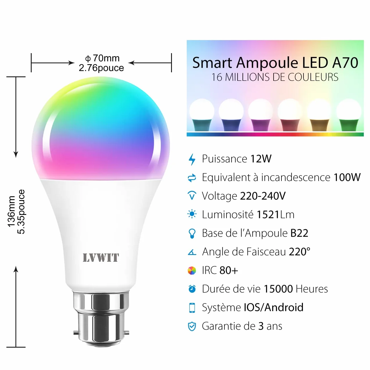 LVWIT B22 Ampoule Connectée Alexa 12W Smart A70 LED WIFI 1521Lm Compatible Alexa Google Assistant Lot de 2