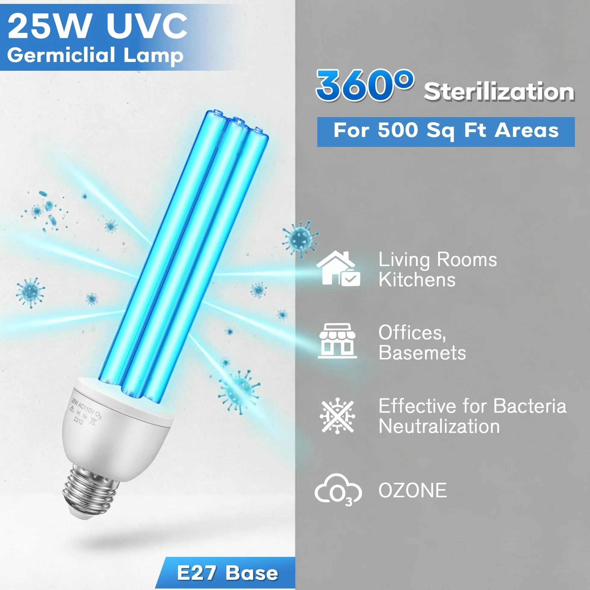 Lampe Germicide UVC 254nm 25W Enhon Ampoule UV Stérilisation 360° 500 Pi² E27 Ozone