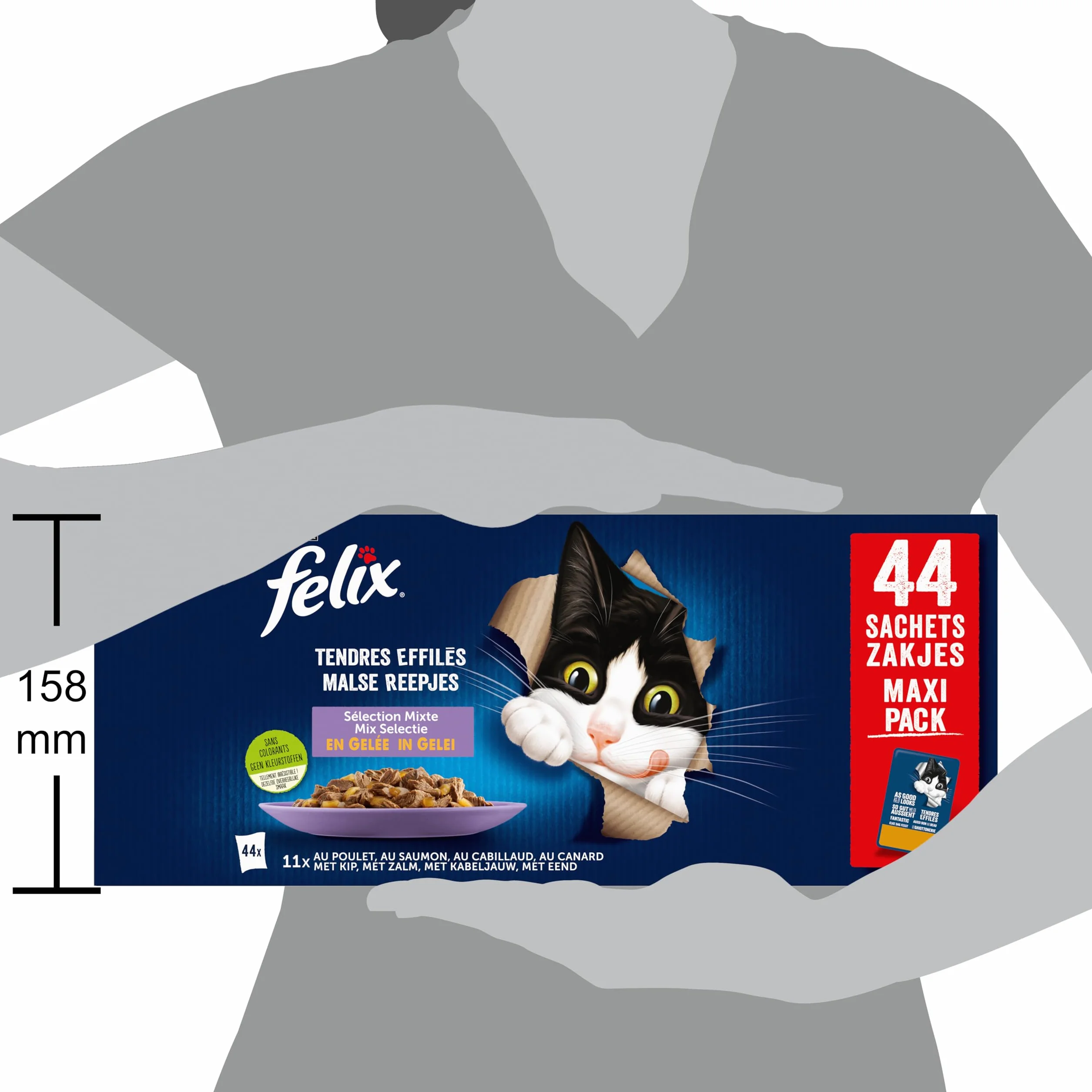 FELIX Tendres Effilés En Gelée Chat Adulte Sélection Saumon Poulet Canard Cabillaud Sachets Fraîcheurs 44 x 85g