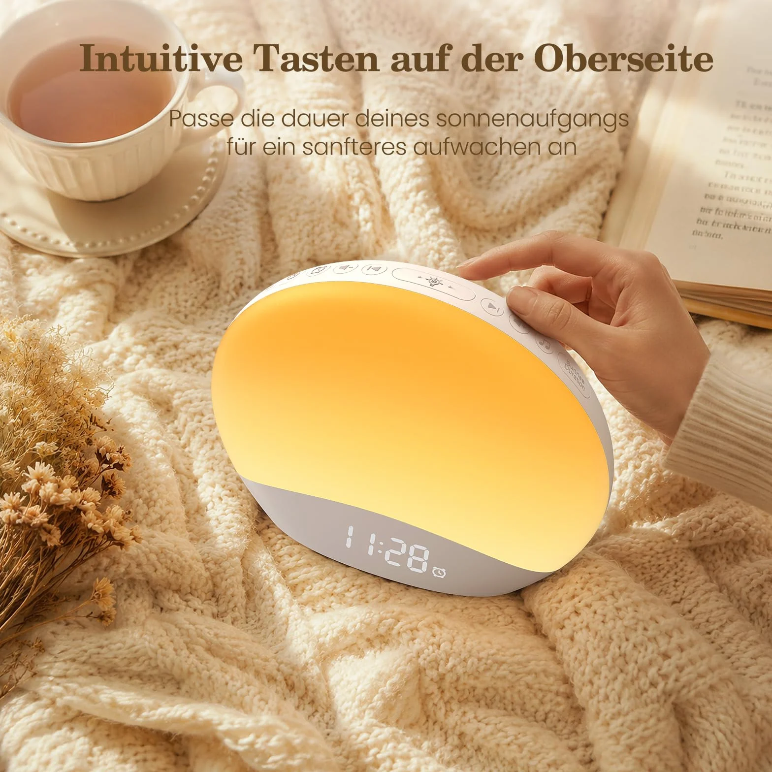 Réveil Lumière Simulant l’Aube avec Bruits Blancs, Lampe de Réveil Veilleuse Horloge Numérique Dimable 0–100%, 26 Sons Relaxants