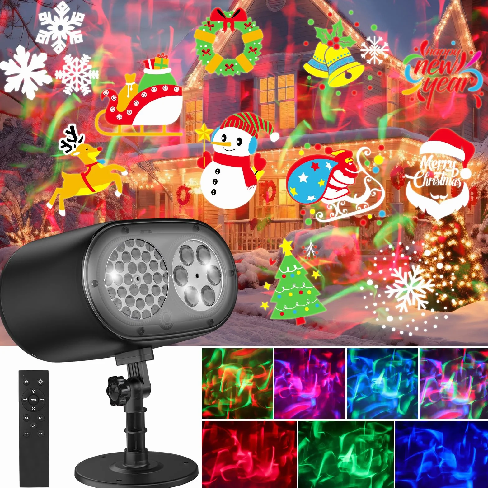 Projecteur LED Noël Extérieur 2 en 1 avec 12 Diapositives 7 Couleurs Effet de Vague d'eau