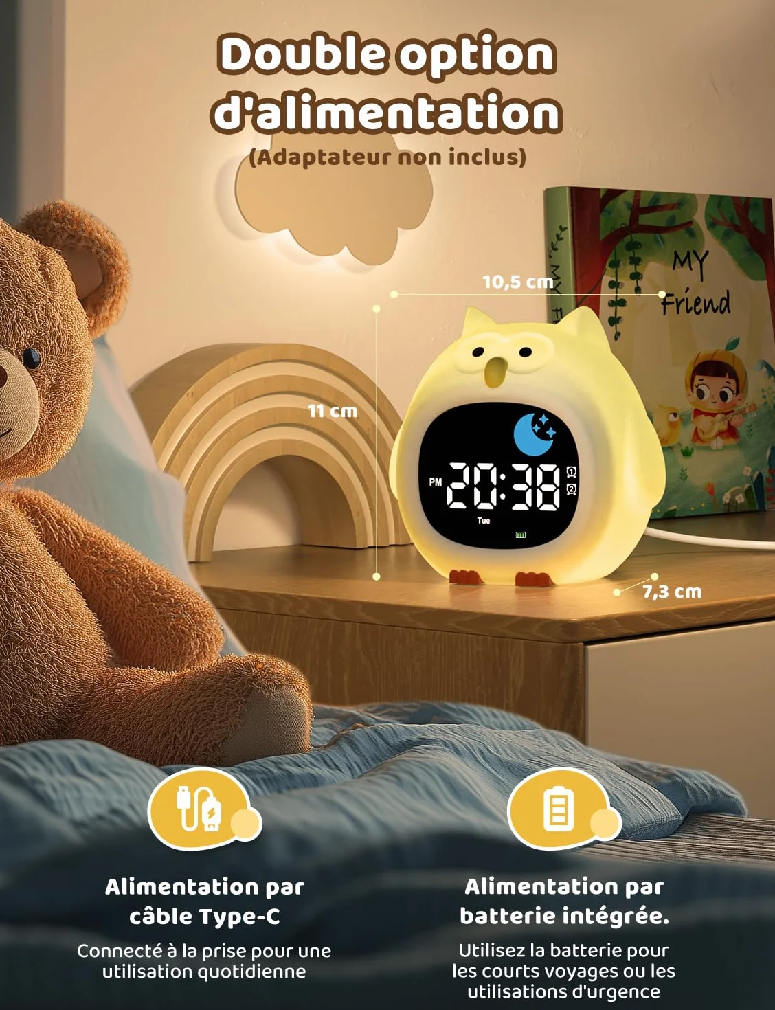 YISSVIC Réveil Enfant Éducatif avec Alarme Lumineuse 7 Couleurs 10 Chansons Hibou