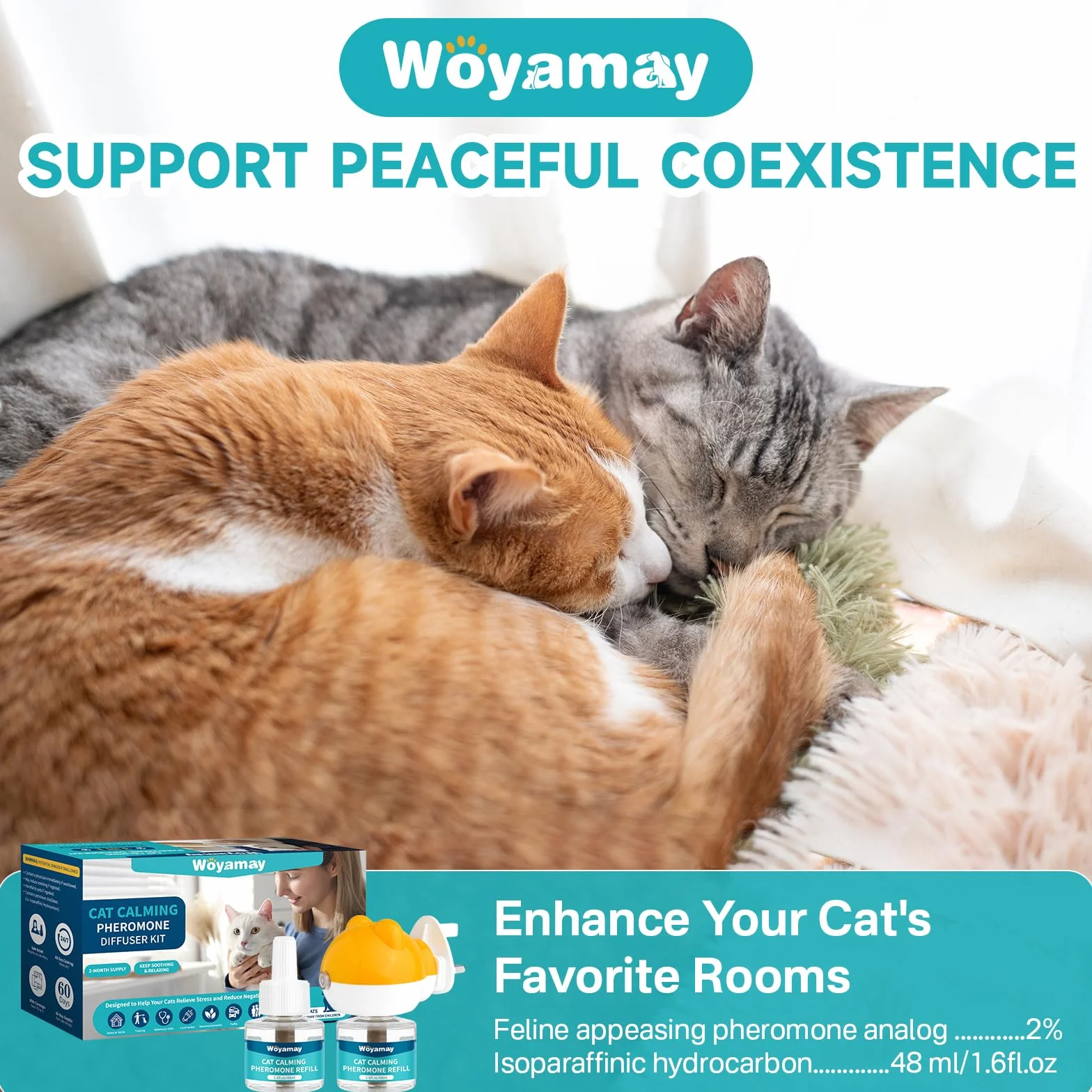 Woyamay Diffuseur Phéromones Chat 2 Diffuseurs + 4 Recharges 48 ML Anti Stress Apaisant Jusqu'à 120 Jours