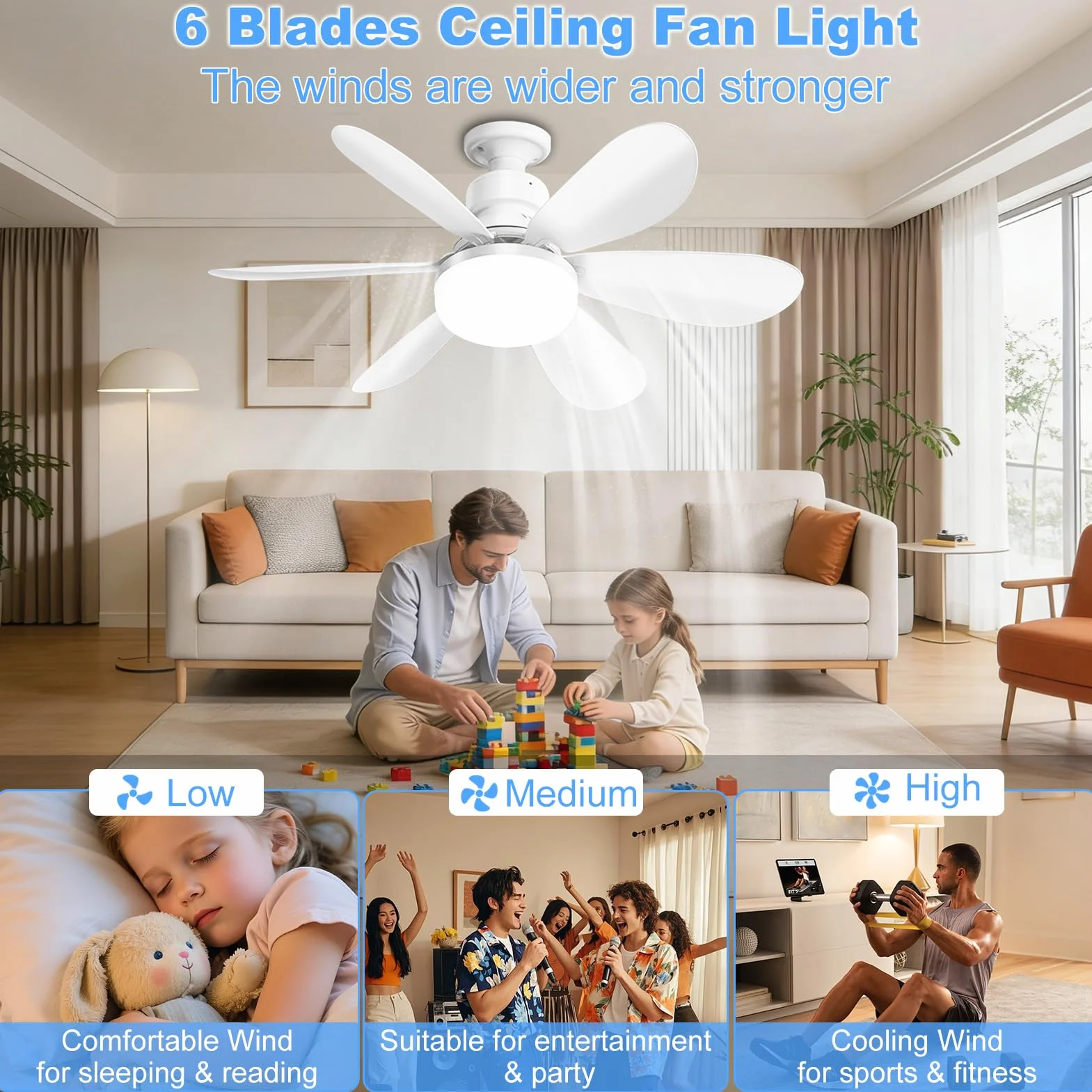 Ventilateur de plafond LED 50CM avec télécommande, 3 vitesses, 3000K-6500K, silencieux
