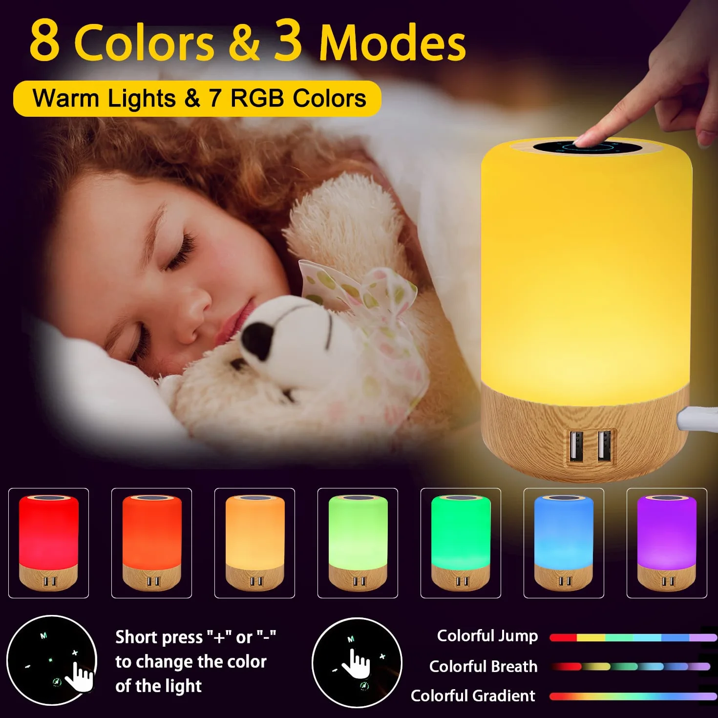 Lampe de Chevet LED Tactile avec 4 Ports USB-A, 8 Couleurs, 10 Niveaux de Luminosité, Veilleuse pour Chambre