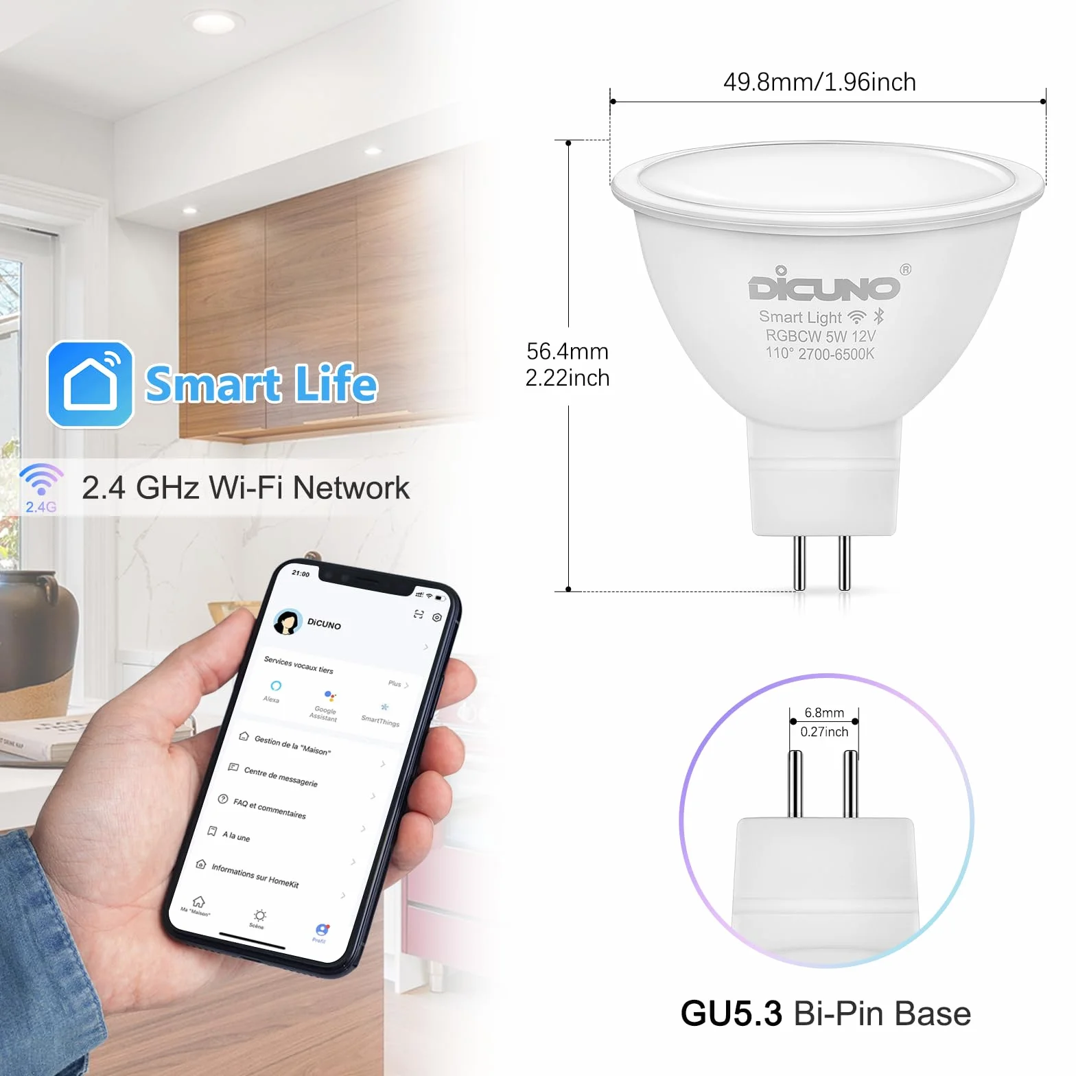 DiCUNO Ampoule Connectée LED GU5.3 MR16 WiFi Intelligente Compatible Alexa Google Home 12V 5W Dimmable 2700K-6500K RGBCW 320LM Sans Hub 4 Pièces