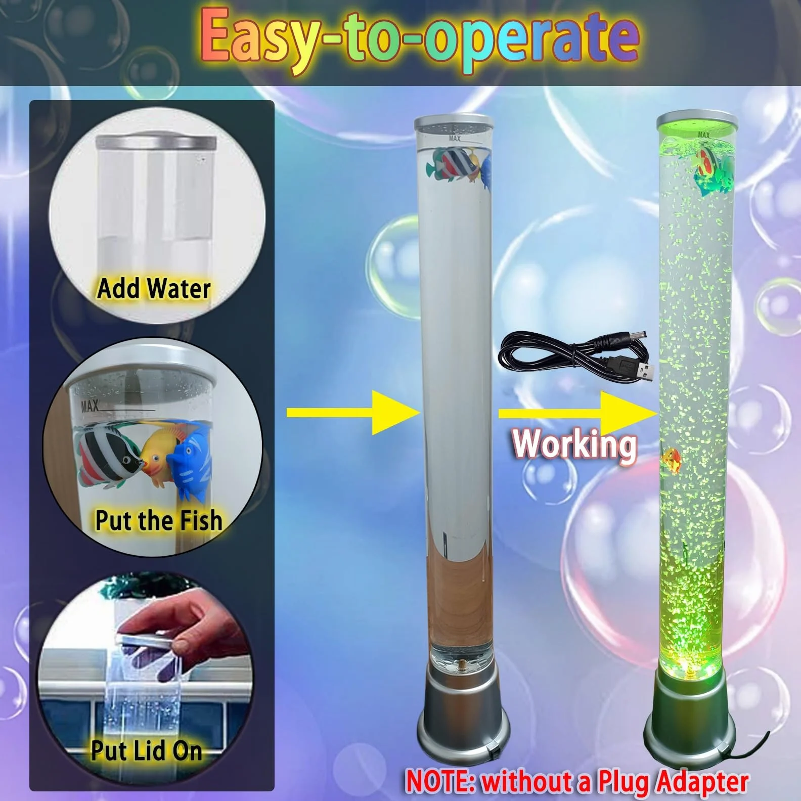 Fantasy Bubble Fish Tube LED Aquarium 2.5 Pieds 6 Poissons Artificiels 7 Couleurs Changeantes