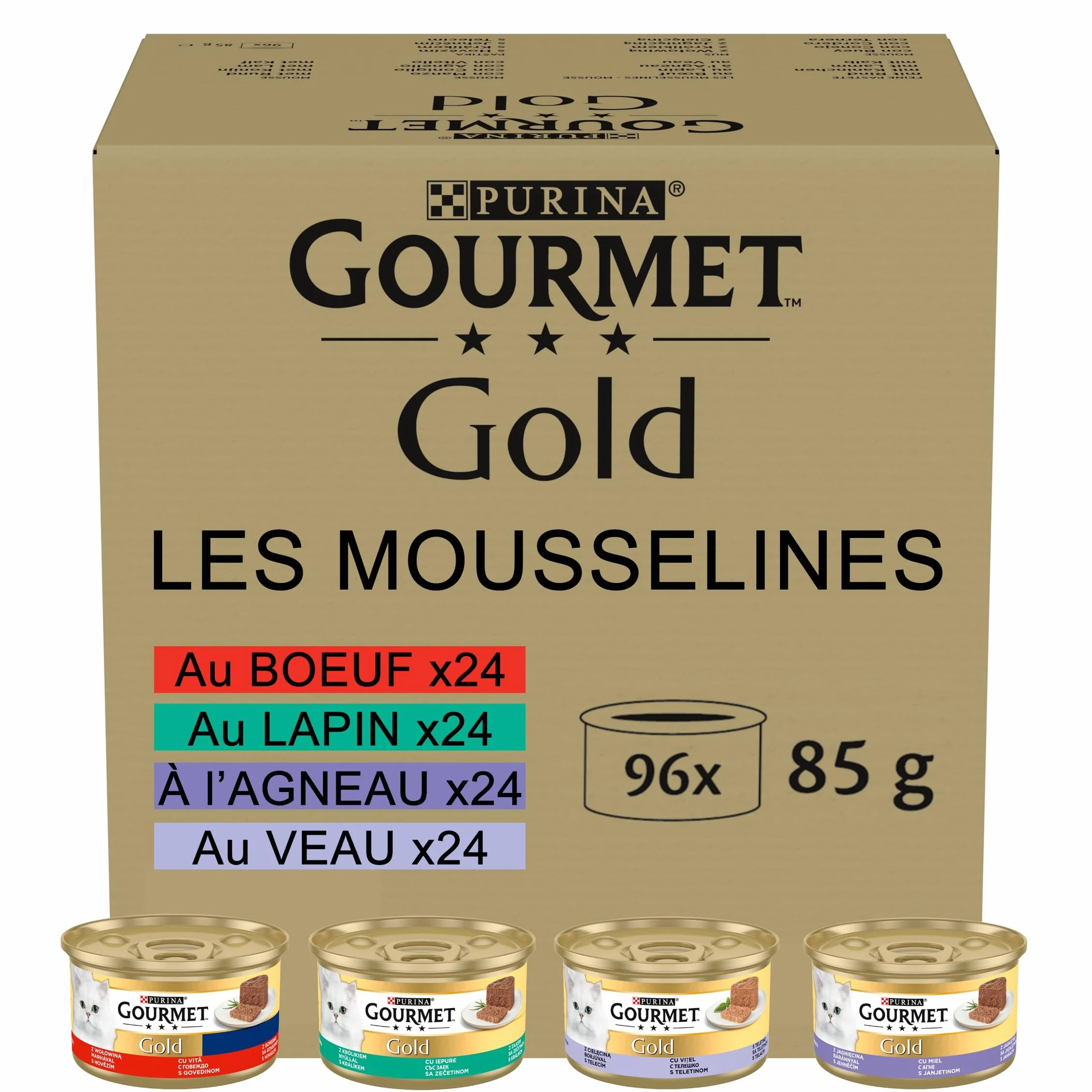 GOURMET GOLD Les Mousselines Chat Lapin Bœuf Veau Agneau Portions Individuelles 96 x 85 g