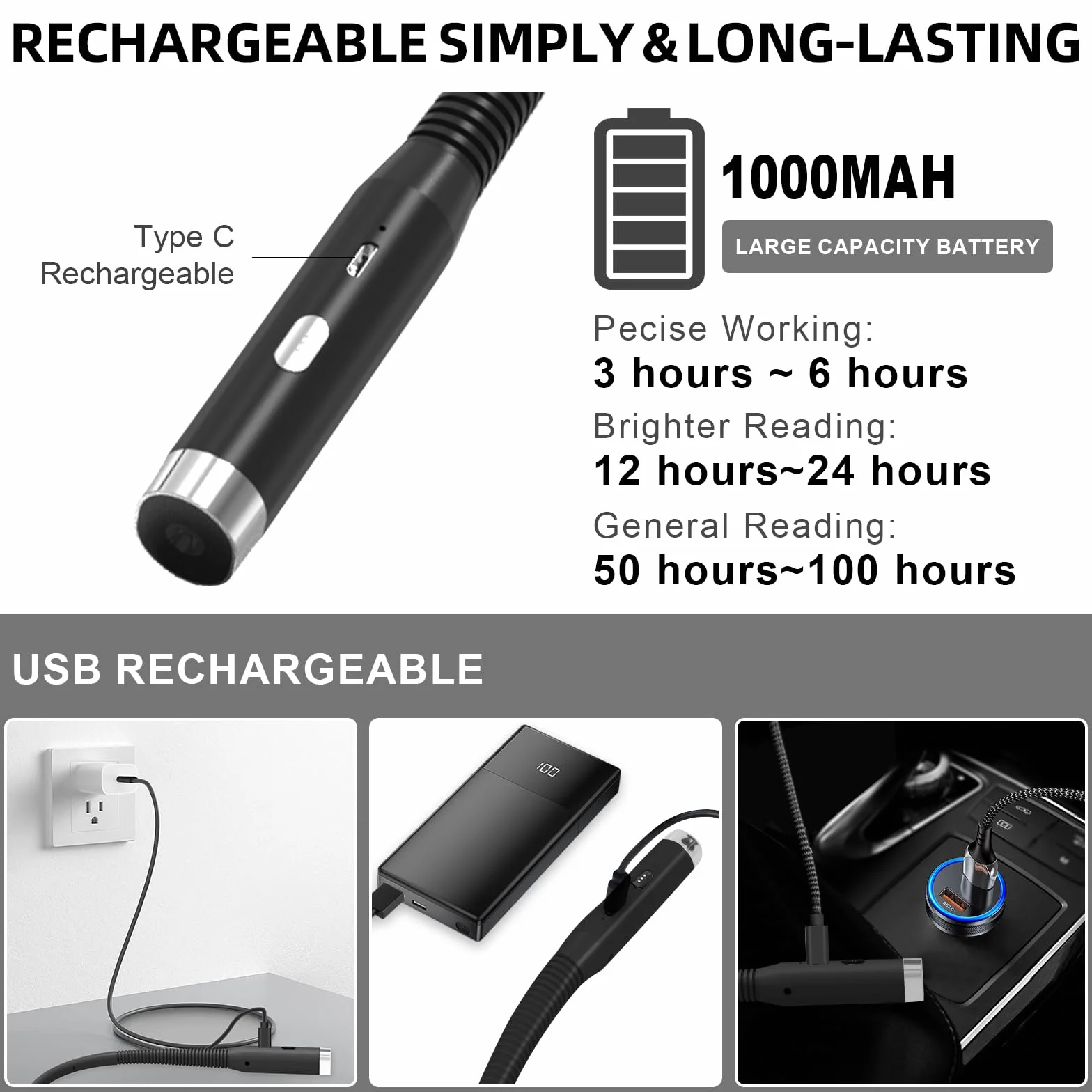 HORJOR Lampe de Lecture Rechargeable LED 3 Couleurs Luminosité Réglable Noir